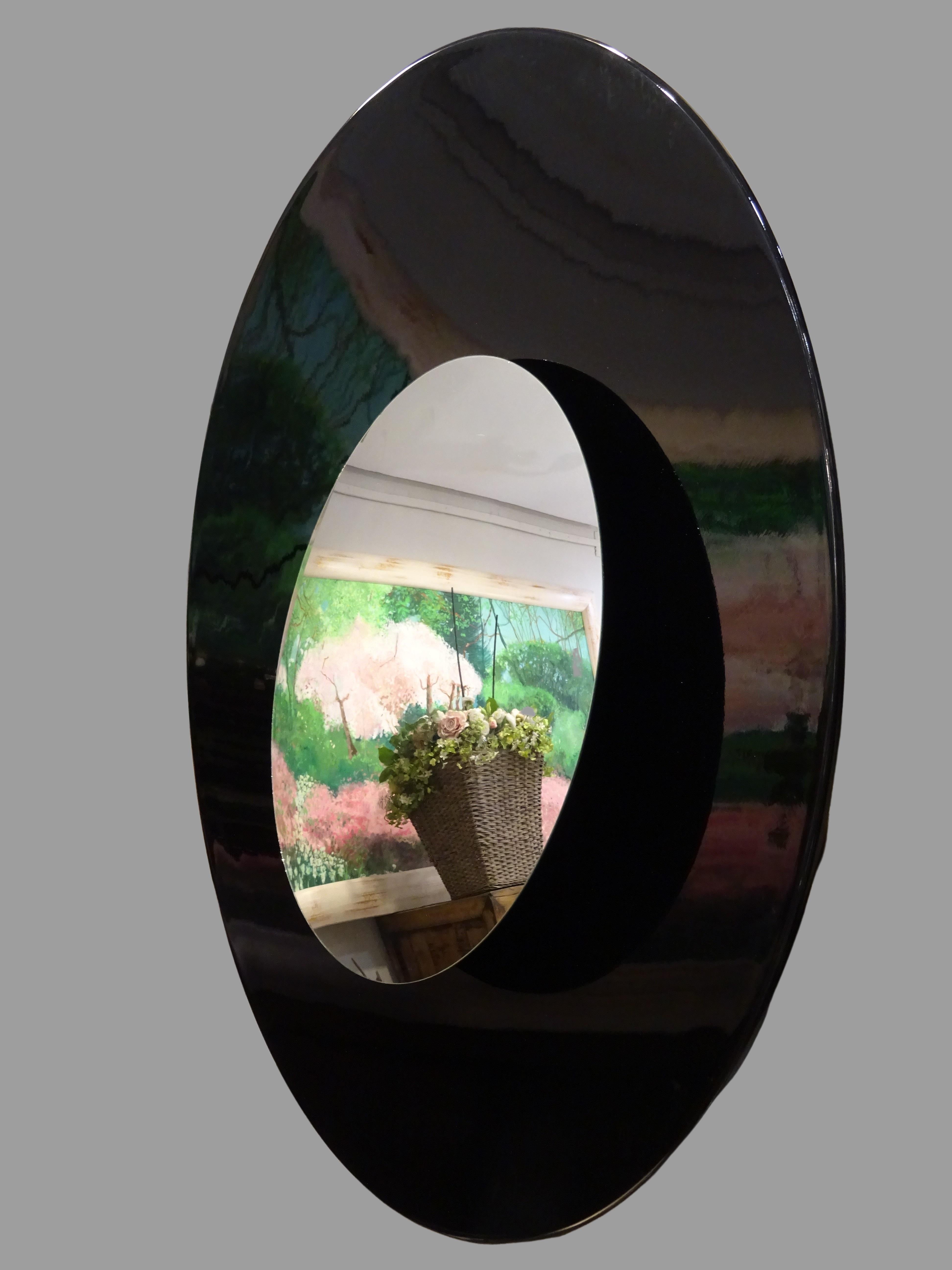 Fontana Arte Style Black Convex Italian Mirror, Fiberglass, 70s 2
