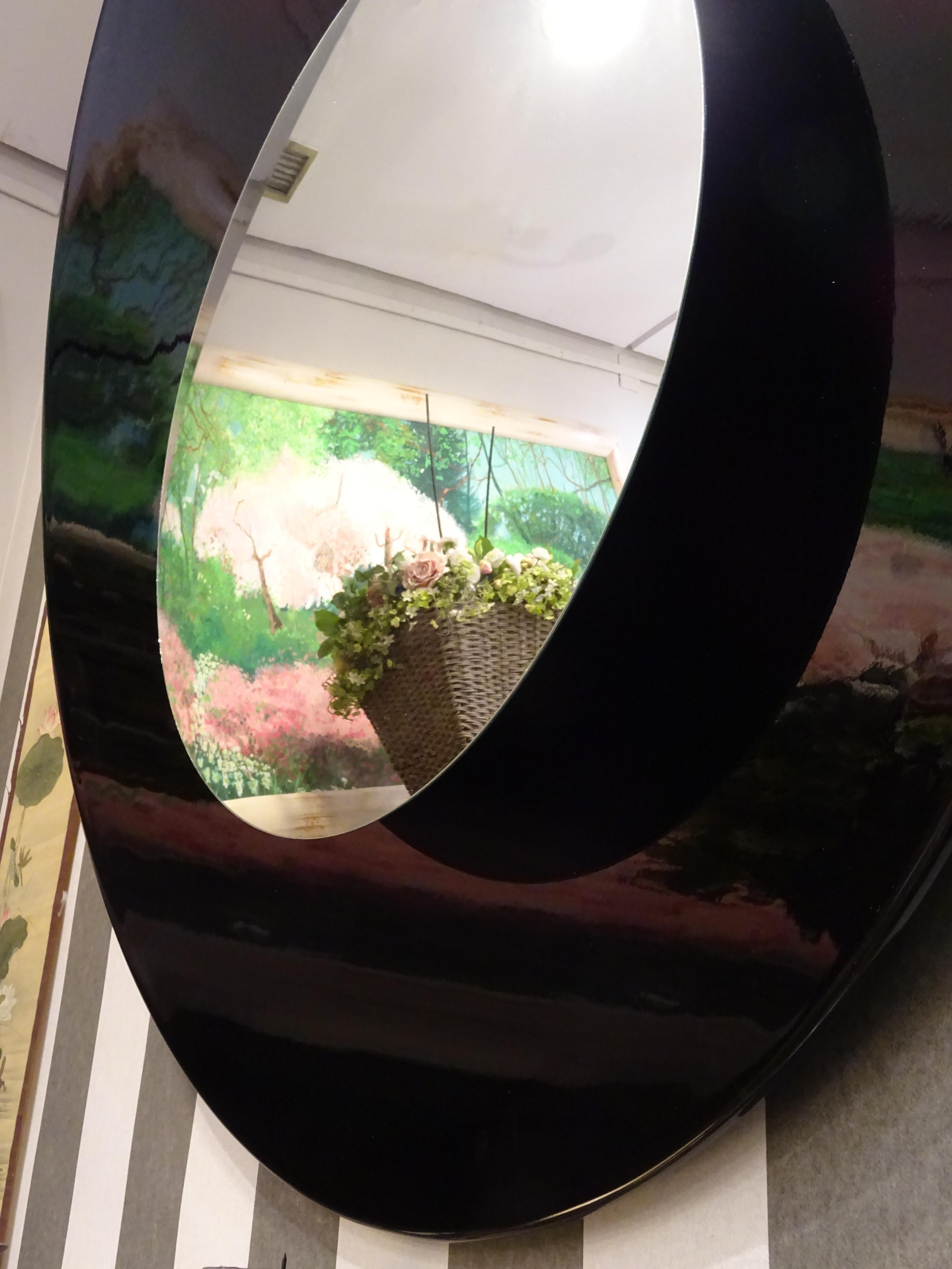 Late 20th Century Fontana Arte Style Black Convex Italian Mirror, Fiberglass, 70s