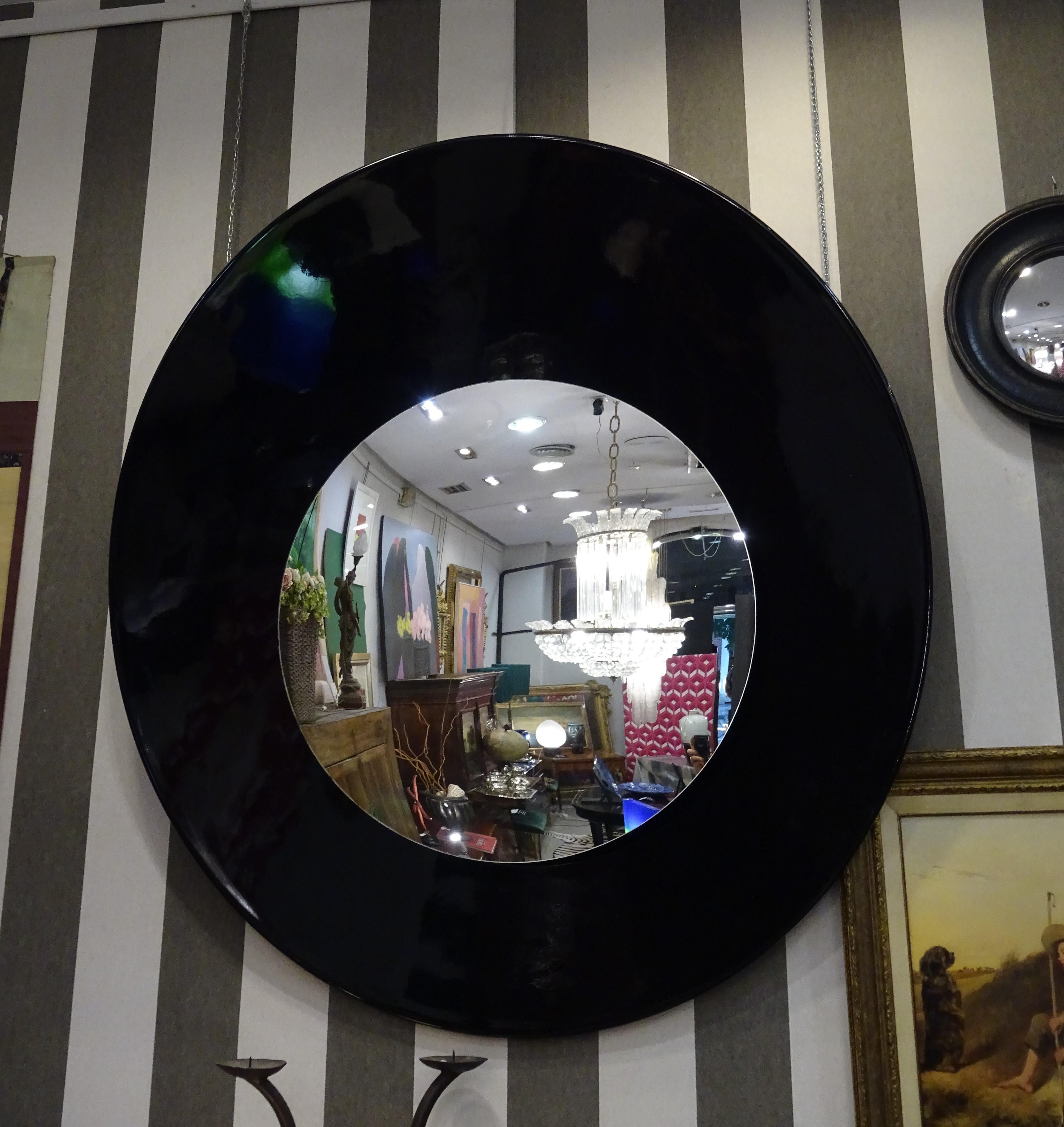 Fontana Arte Style Black Convex Italian Mirror, Fiberglass, 70s 1