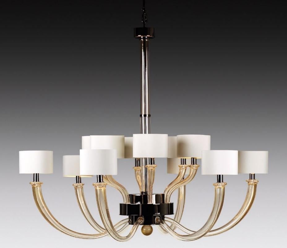 12-arm 2-tier hand blown Venetian glass chandelier with polished blackened nickel accents & ivory shades with gold dust.