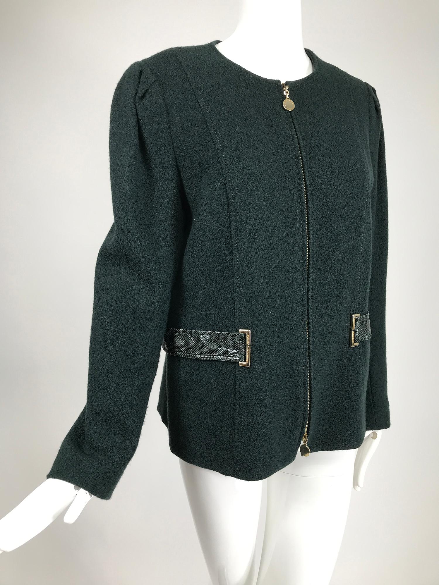 Fontana Couture Milano, dark forest green wool zipper front jacket size 48EU. Jewel neckline, princess seam long sleeve jacket with slightly gathered shoulder tops. Gold hardware separating zipper. At each waist side are 1/2 belts of green snakeskin