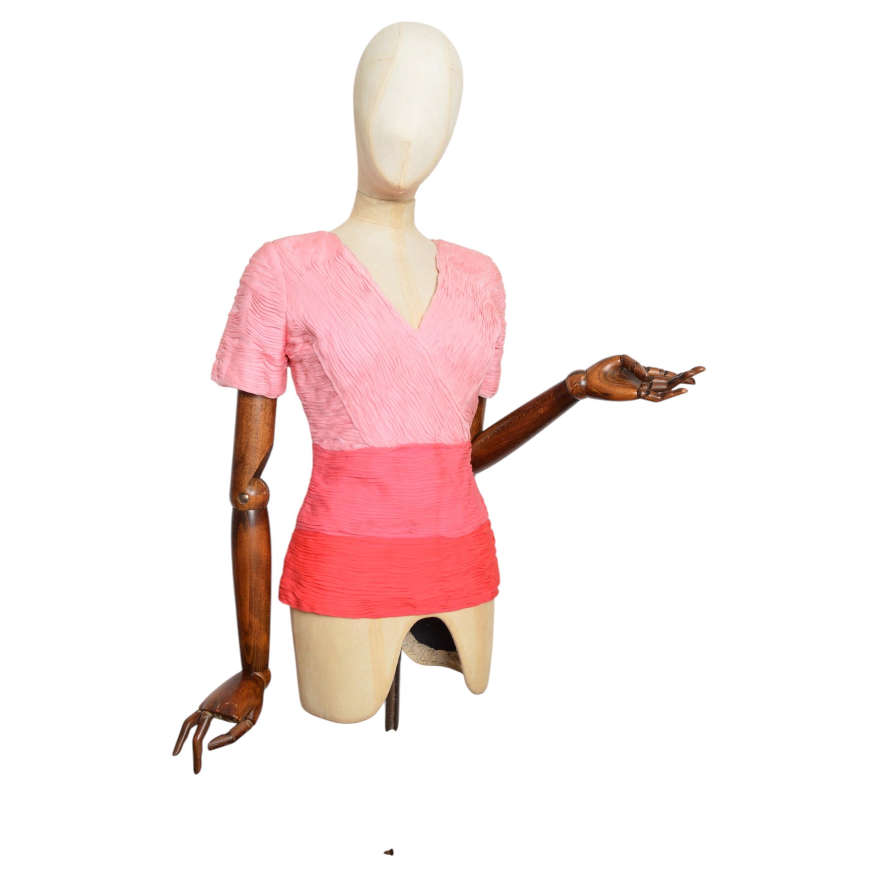 1980's Fontana Couture Milano hand Pleated sculpted silk Pink Blouse