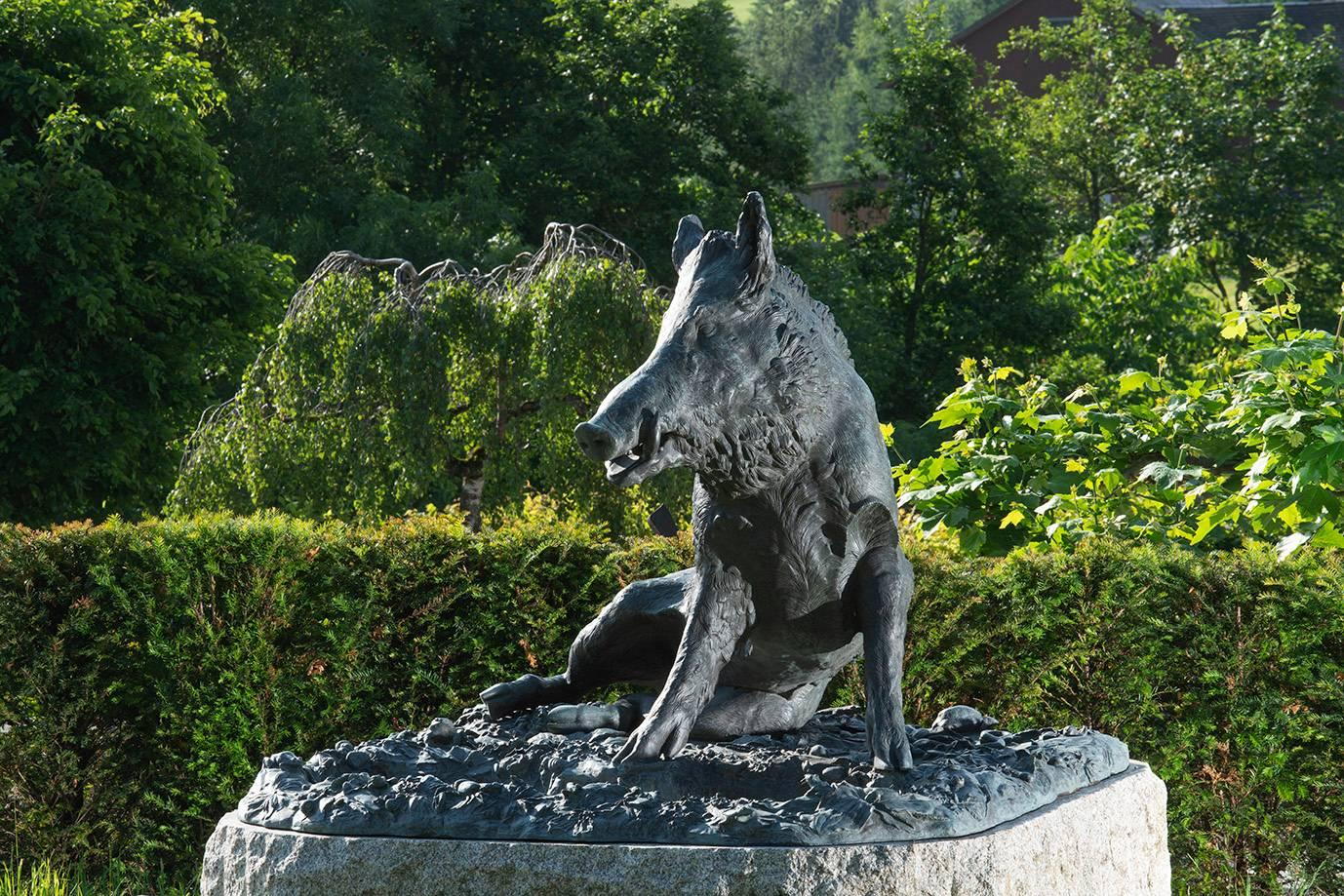 This detailed sculpture has a lot of intrigue, enticing its viewer to look further. It features a snake, frogs, crabs, a turtle and many leaves.
The boar originates from Italy and was made in 1857. Its last location was in a villa garden in Geneva,