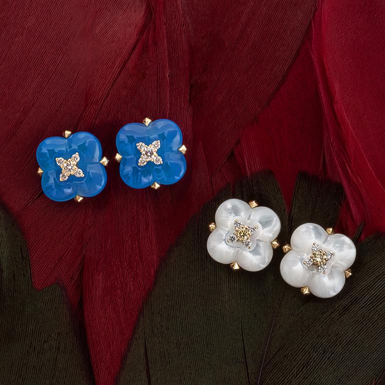 Round Cut THIALH 18 Karat Yellow Gold Diamond and Blue Chalcedony Earrings For Sale