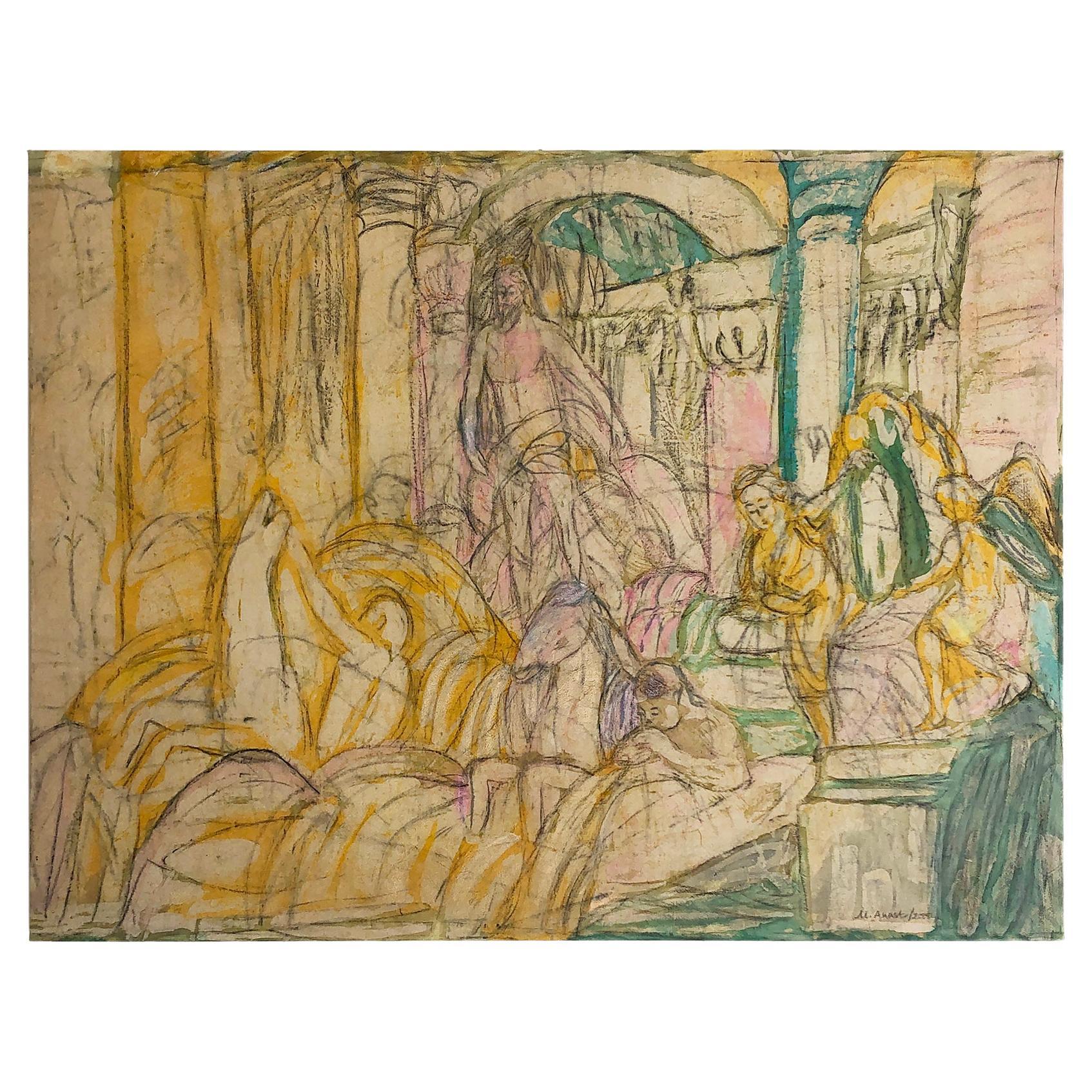 Peinture d'art Fontana Di Trevi, années 2000, œuvre d'art, pastel, abstrait italien  en vente