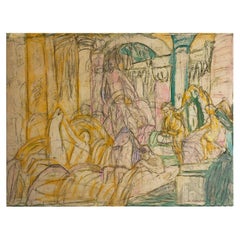 Vintage Fontana Di Trevi Painting, 2000s Art Painting Artwork Pastels Abstract Italian 