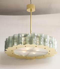 Fontana Green Murano Glass and Brass Round "Drum" Round Chandelier, Italy