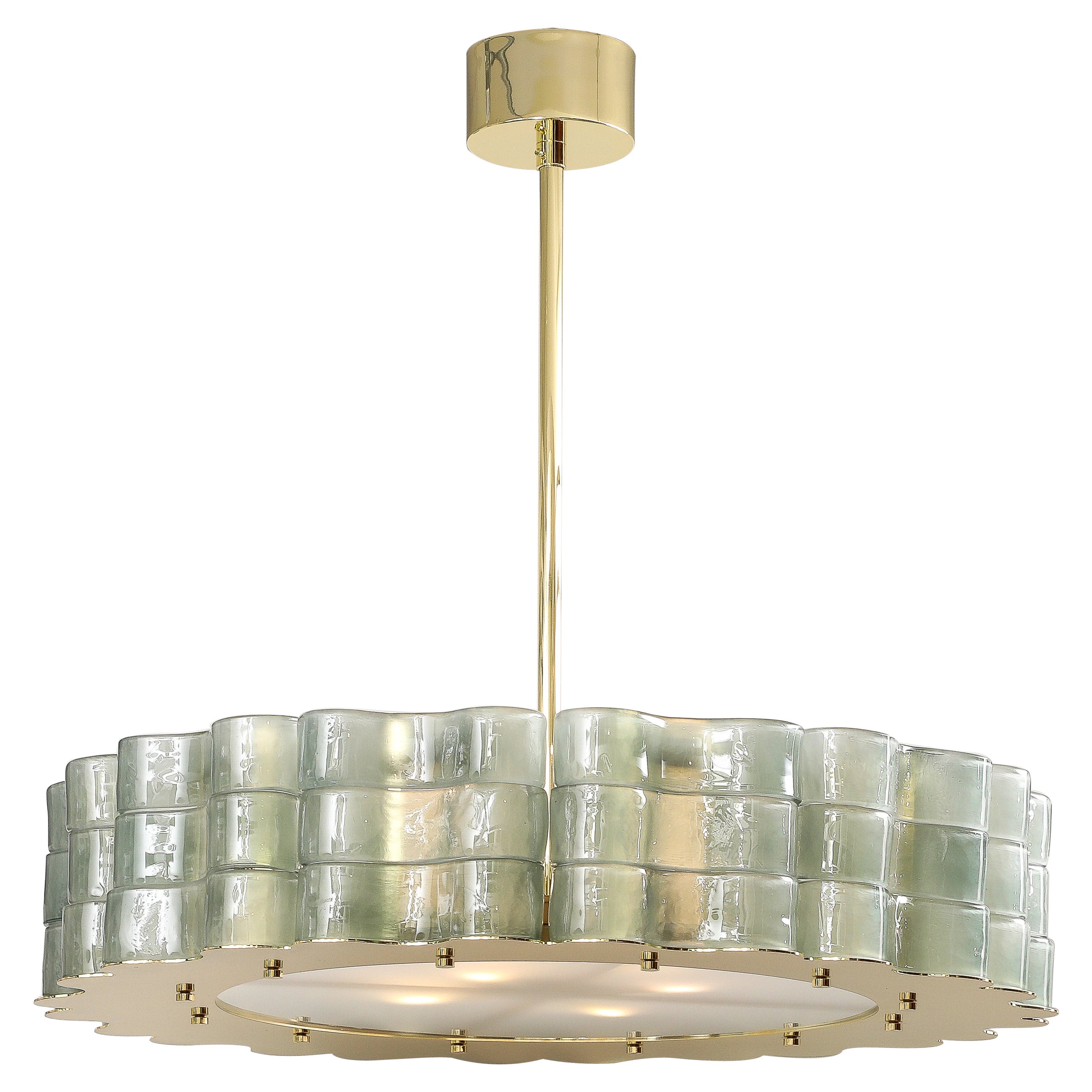 Fontana Green Murano Glass and Brass Round "Drum" Round Chandelier, Italy