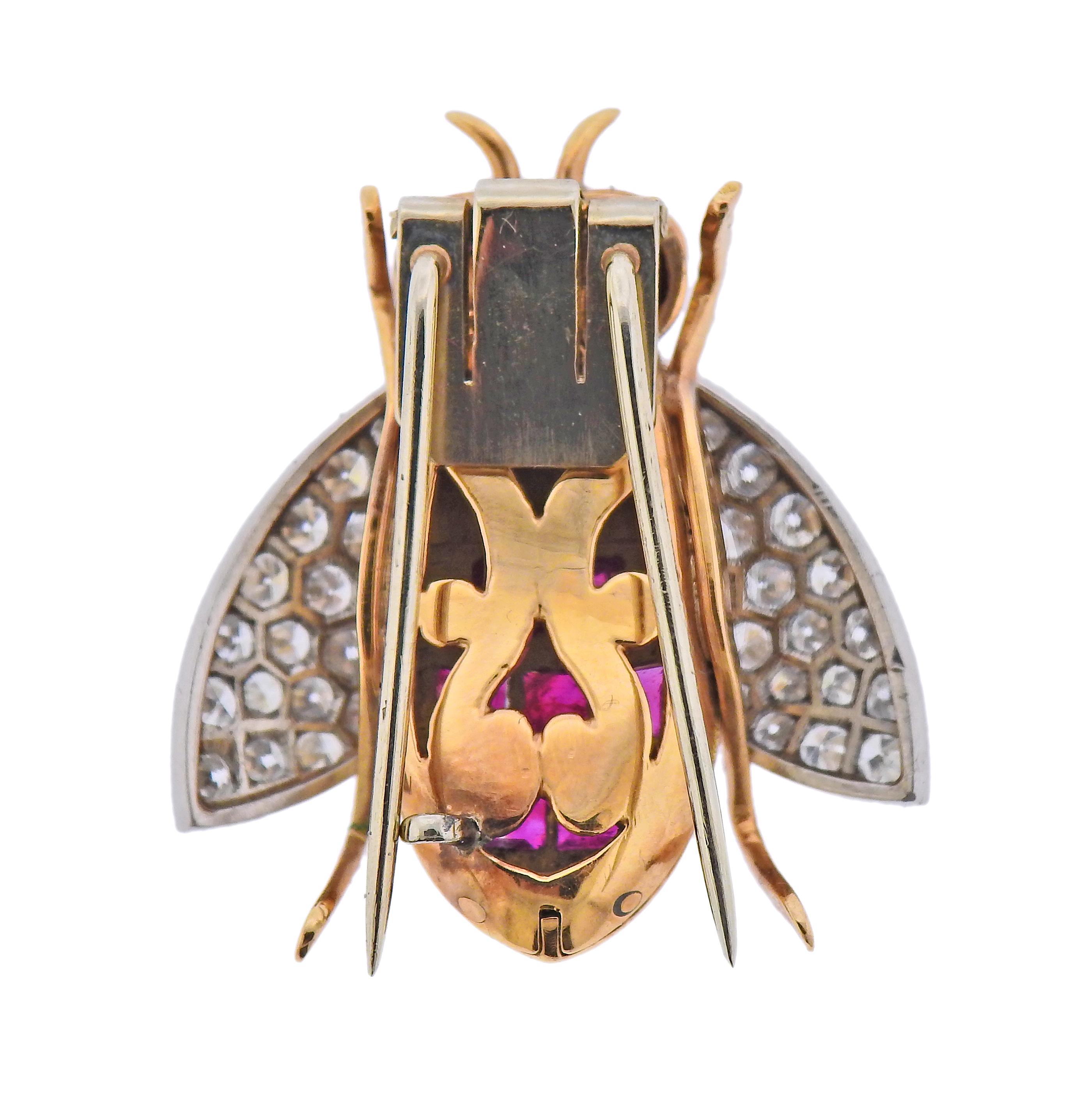 Fontana Roma 18k gold and platinum insect brooch, set with rubies and approx. 1.00cts in diamonds. Brooch is 30mm x 26mm. Marked: Fontana Roma, PT 750. Weight - 11.5 grams.
