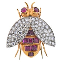 Retro Fontana Ruby Damond Platinum Gold Insect Brooch Pin