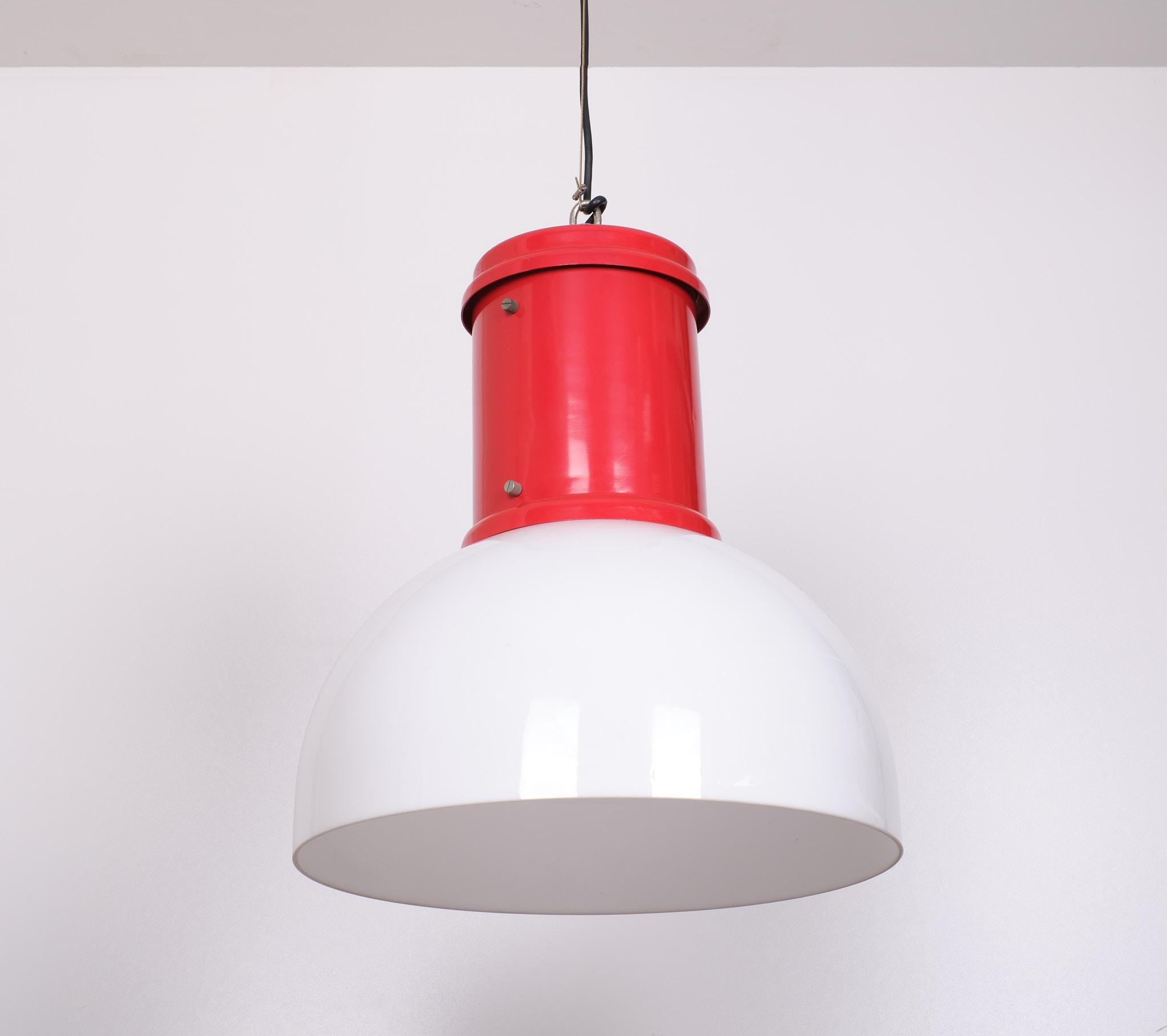 Large Bright red Industrial ceiling lamp. Metal base, comes with a Acrylic shade. 
Measurements are for the shade only. As on the photo 115 cm hight. 
Designed by Roberto Menghi for Fontana Art 1970s model Lampara Grande.