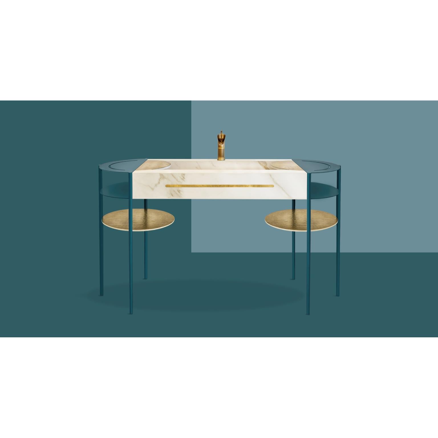 Fontanae Nettuno Washbasin by Atlas Project
Dimensions: D 50 x W 150 x H 90 cm. 
Materials: Painted iron, metal, marble, and blue steel.

Available in different materials and finishes. Please contact us.

Fontanae/Nettuno
Inspired by the historic
