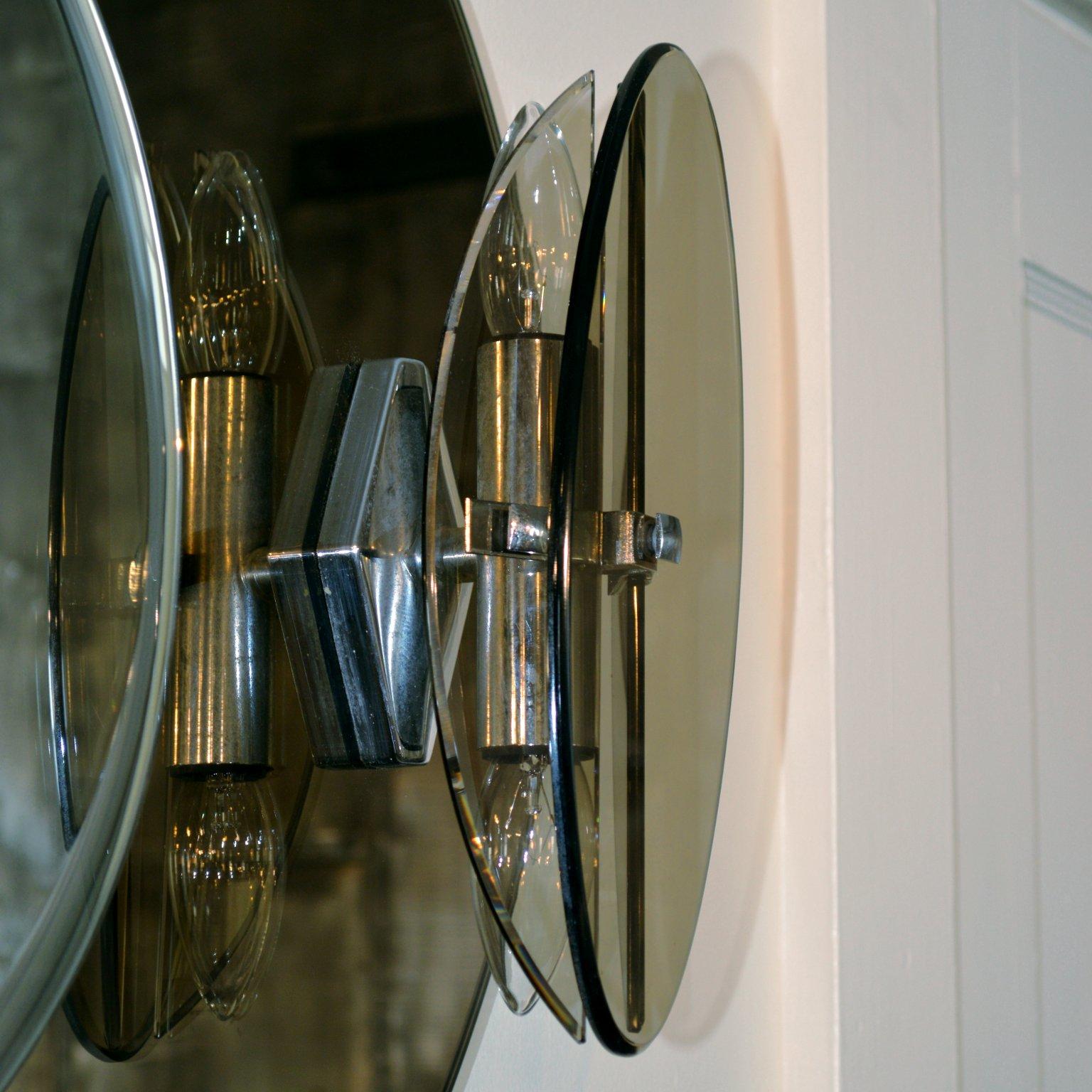 Fontana Arte Smoked Glass Lighted Vanity Mirror with shelves In Good Condition For Sale In Portland, ME