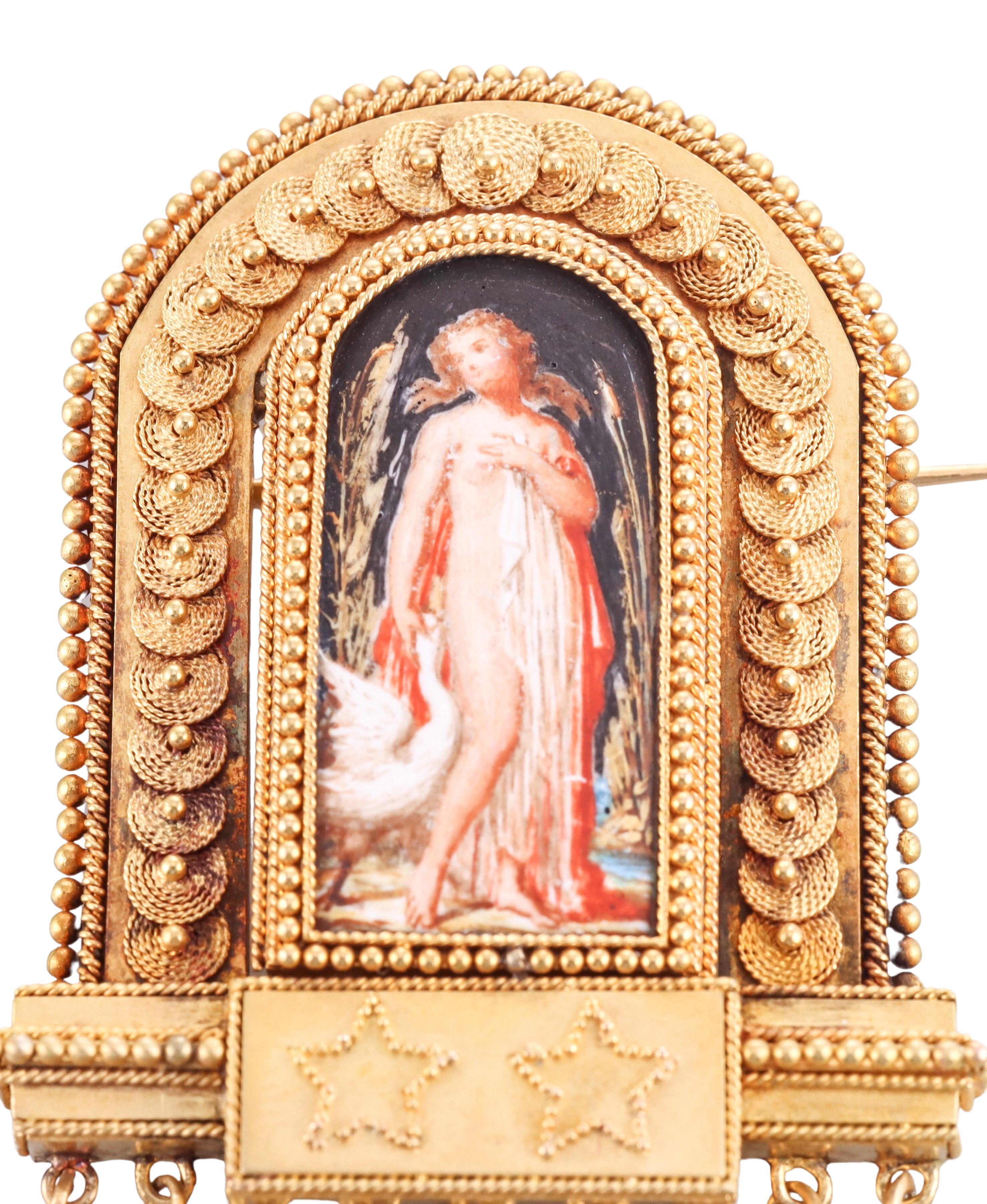 Broche Fontane originale en or 14k, circa 1900. La broche représente une peinture miniature d'une femme nue. La broche mesure 2 7/8