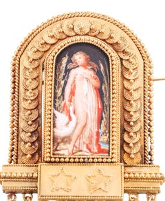 Fontane Circa 1900s Antique Gold Miniature Painting Fringe Brooch