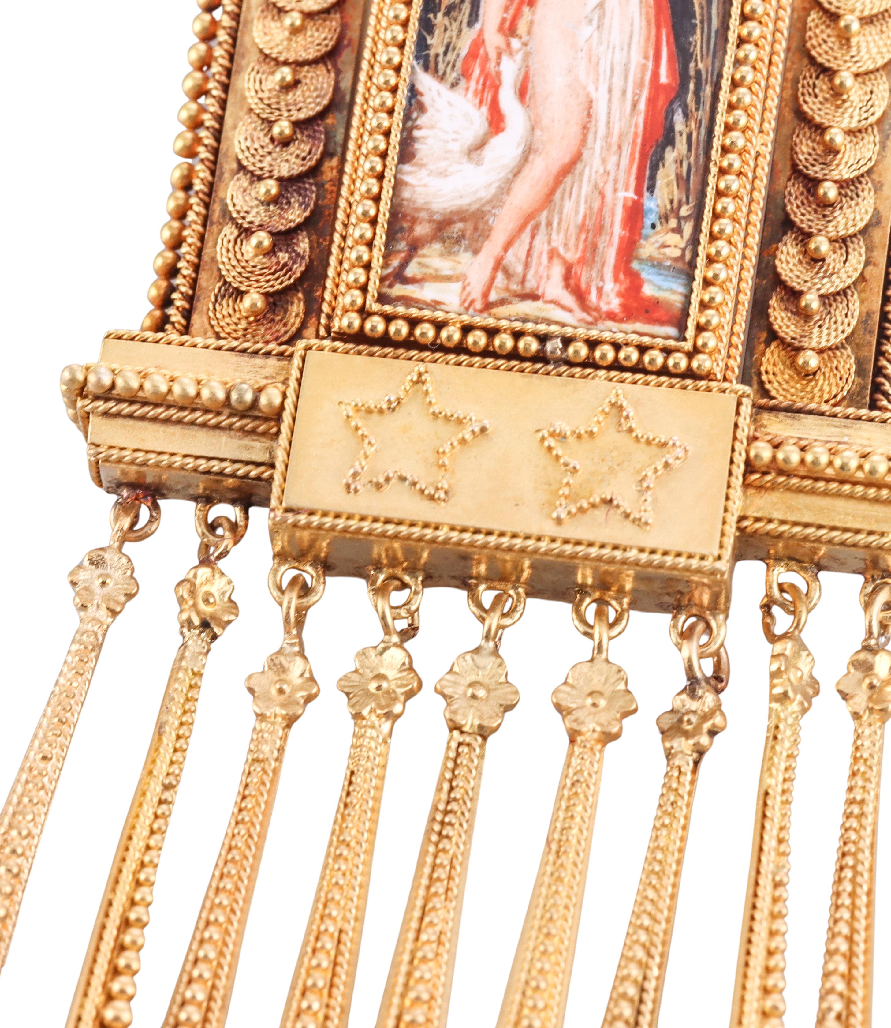 Fontane Circa 1900s Antique Gold Miniature Painting Fringe Brooch  In Excellent Condition For Sale In New York, NY