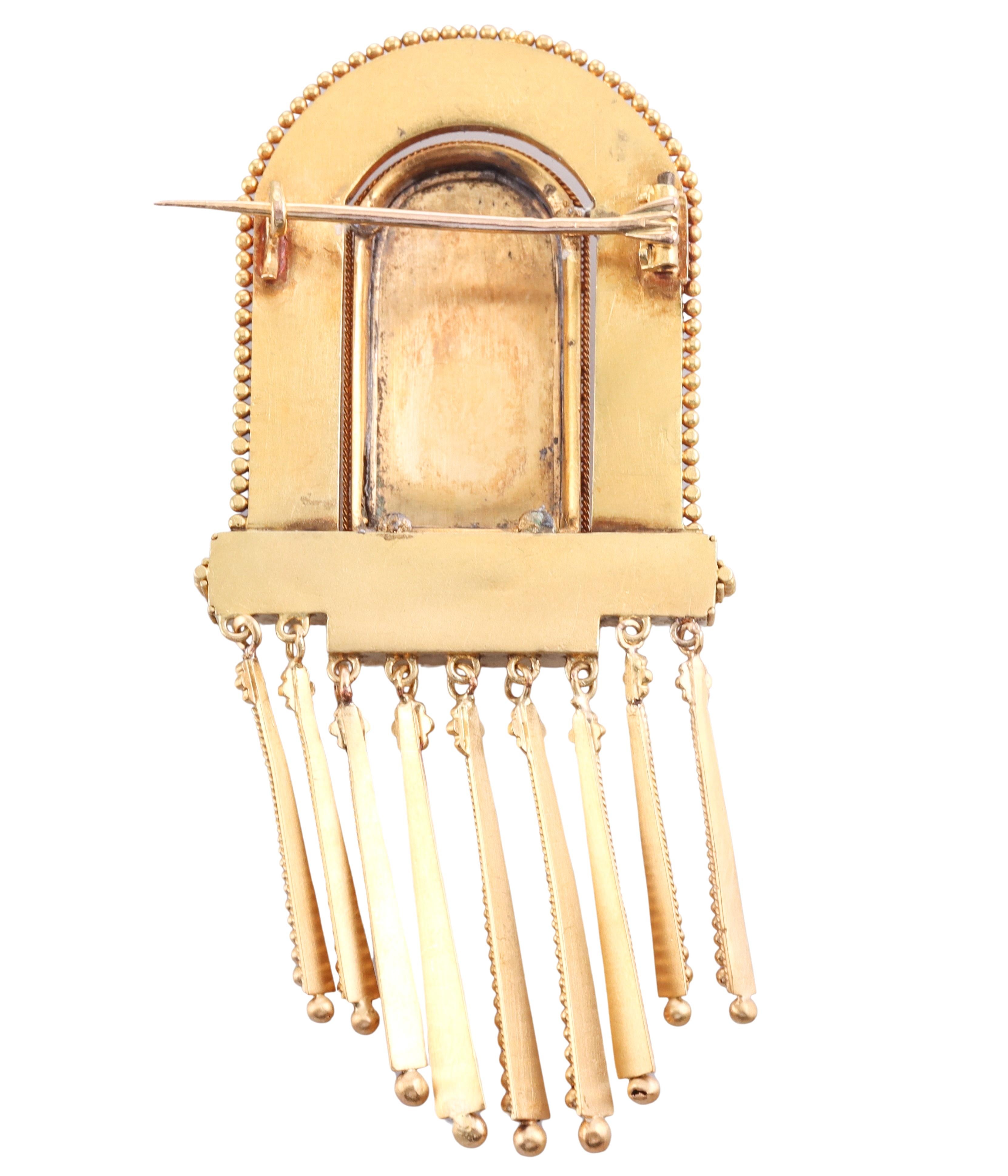 Fontane Circa 1900s Antique Gold Miniature Painting Fringe Brooch  For Sale 1