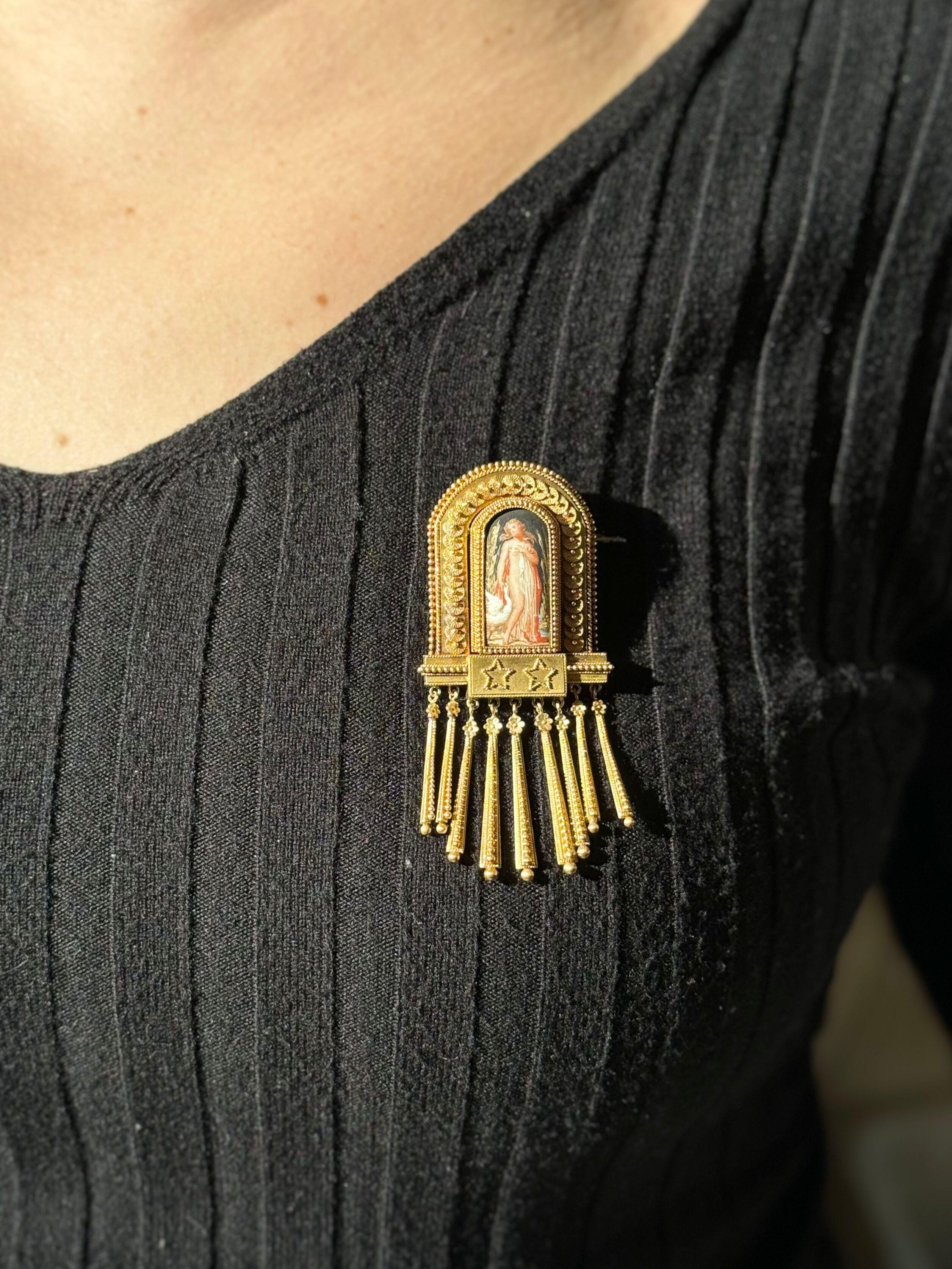 Fontane Circa 1900s Antique Gold Miniature Painting Fringe Brooch  For Sale 3