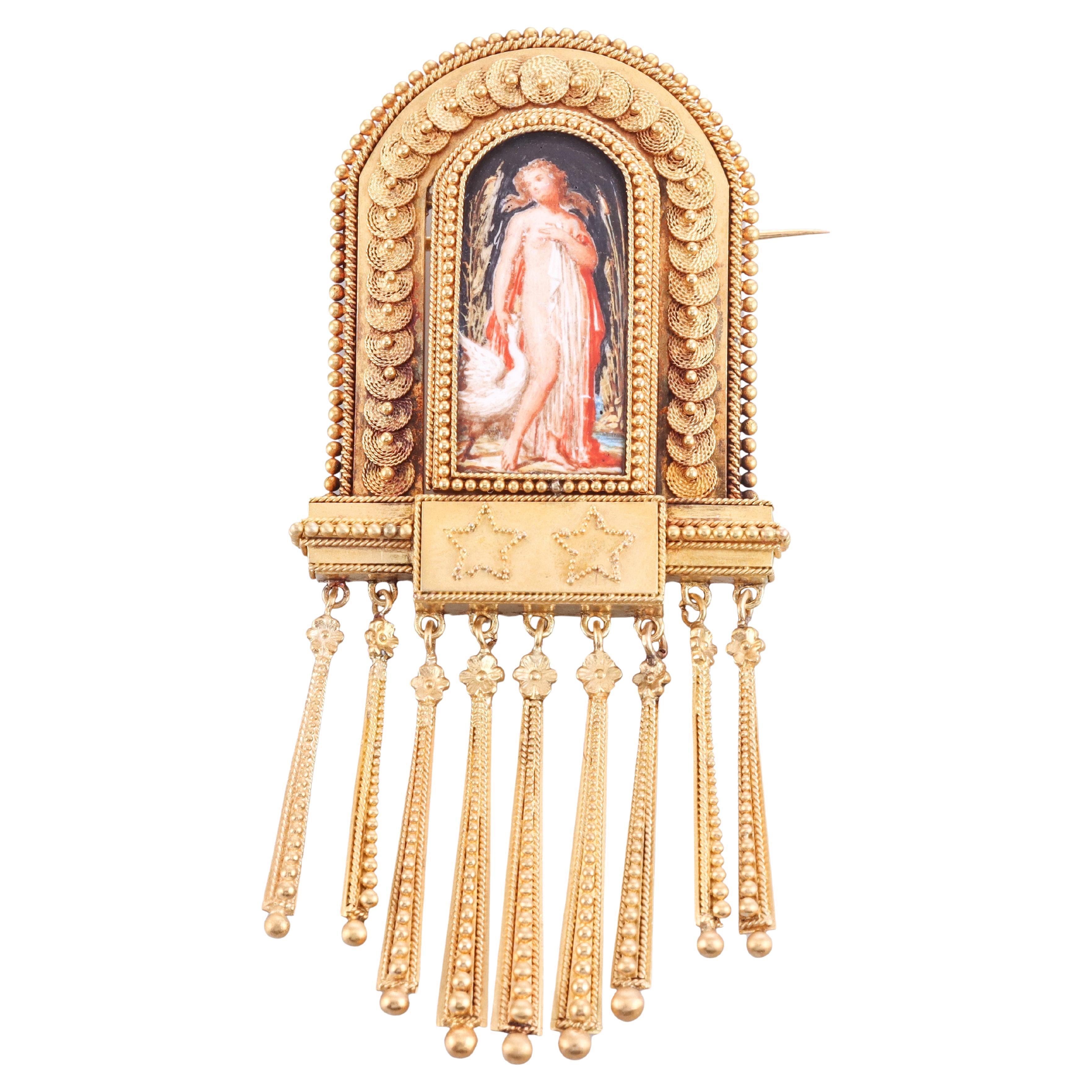 Fontane Circa 1900s Antique Gold Miniature Painting Fringe Brooch  For Sale