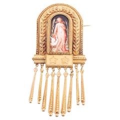 Fontane Circa 1900s Antique Gold Miniature Painting Fringe Brooch 
