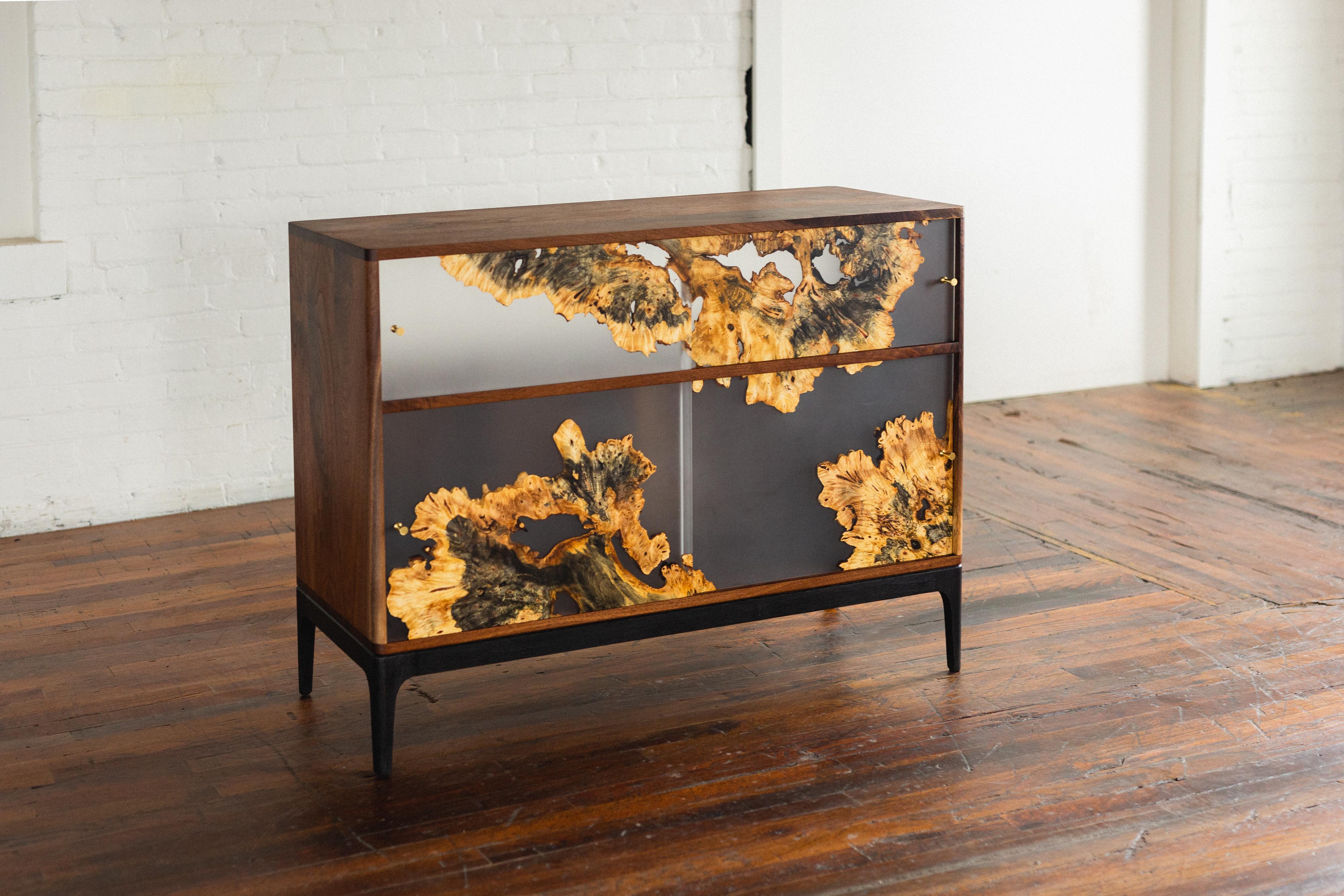 American Fontes Modern Cabinet with Burl Sliding Panels For Sale