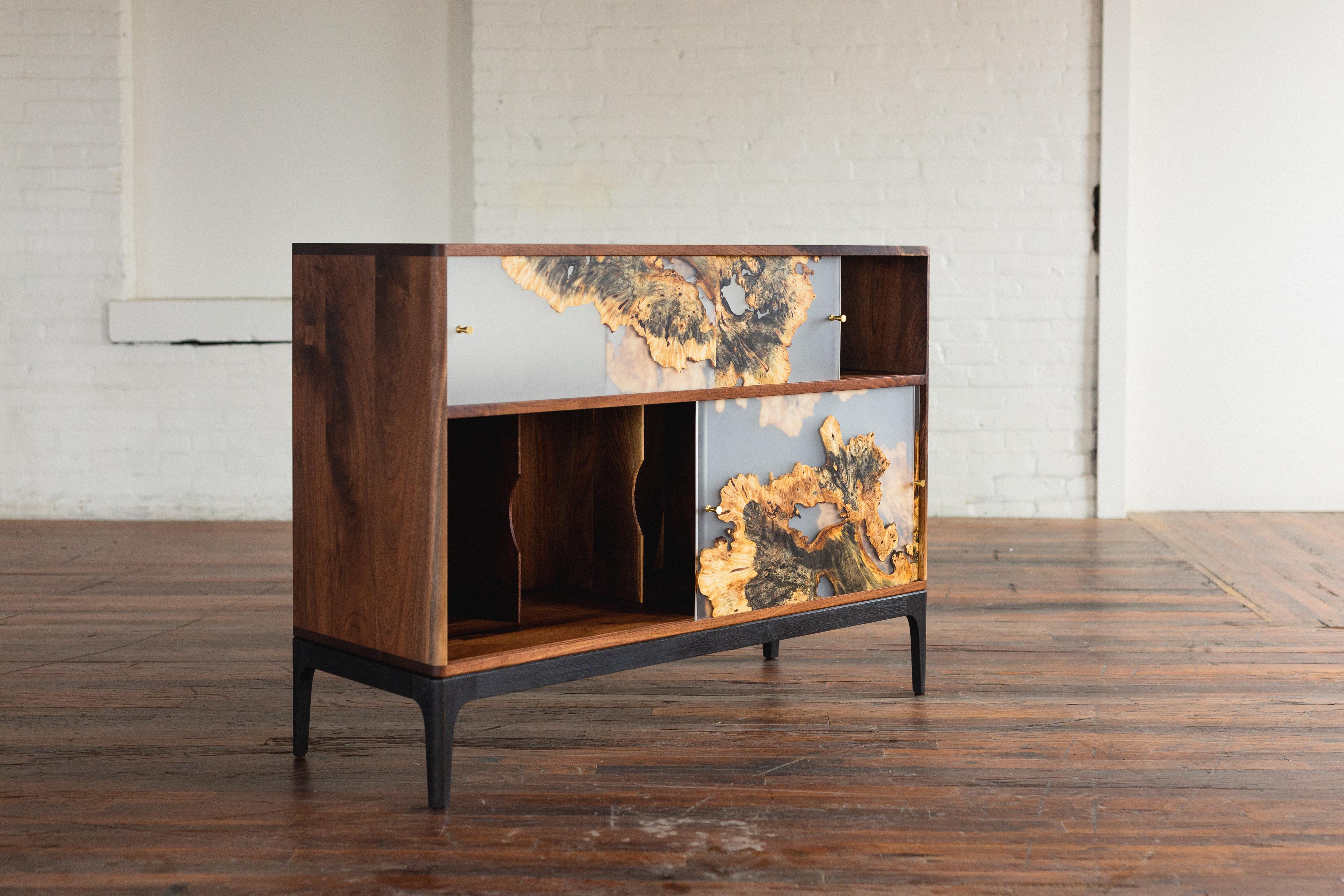 Fontes Modern Cabinet with Burl Sliding Panels In New Condition For Sale In Longmont, CO