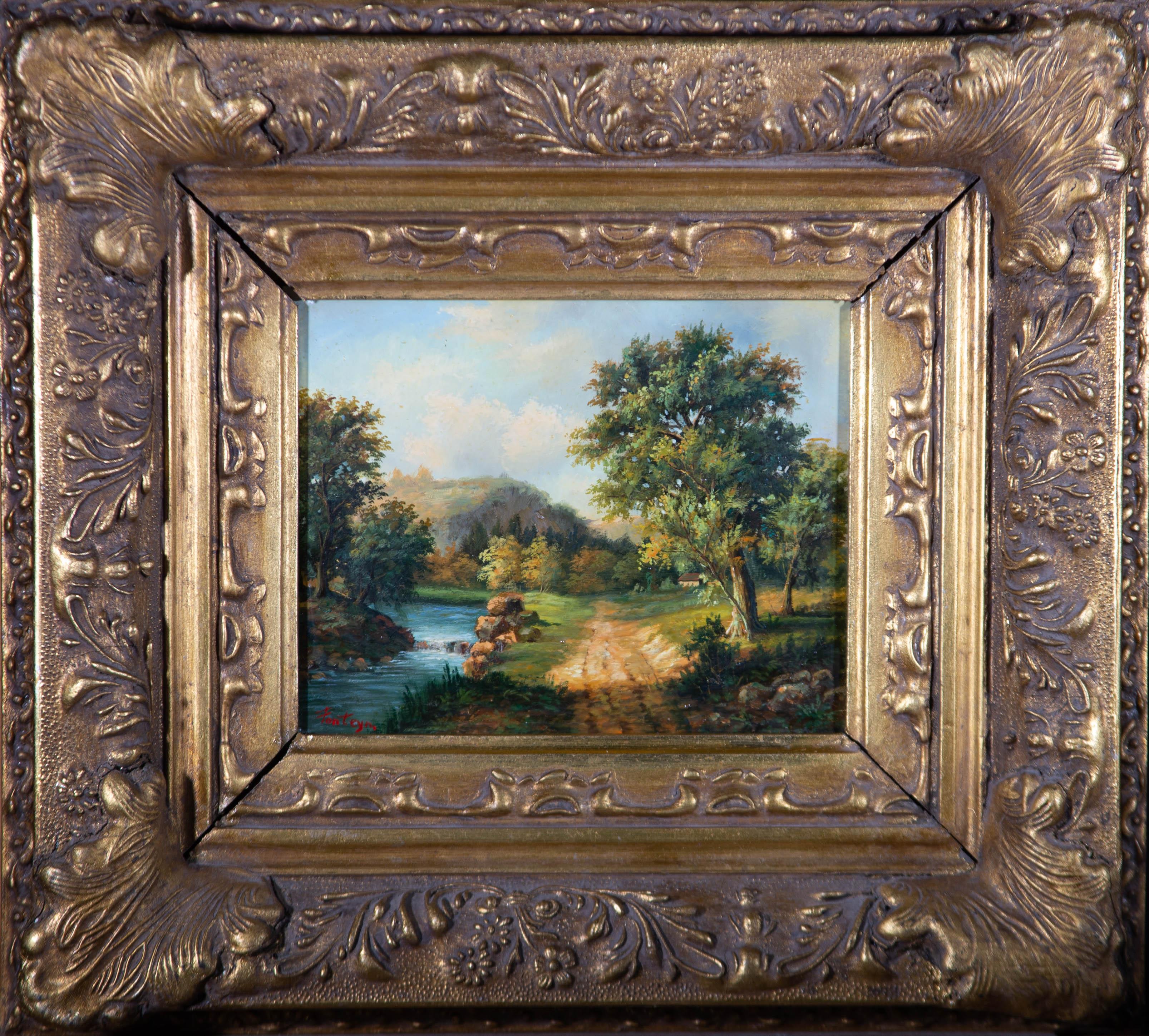 A charming oil landscape showing a picturesque river winding round a corner with a path running alongside towards a cottage in the distance. The artist has signed to the lower left corner and the painting is presented in a substantial gilt frame