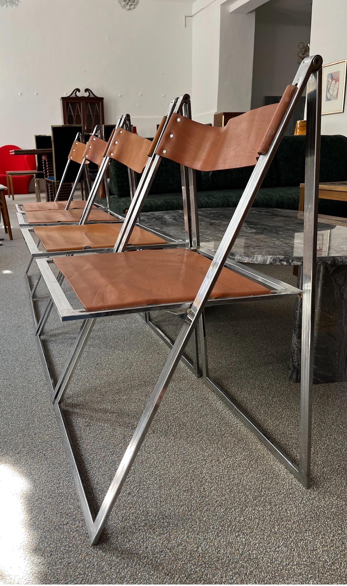 Mid-Century Modern Set of 4 Vintage Fontoni & Geraci ‘Elios‘ Foldable Leather Chairs, Italy, 1960s