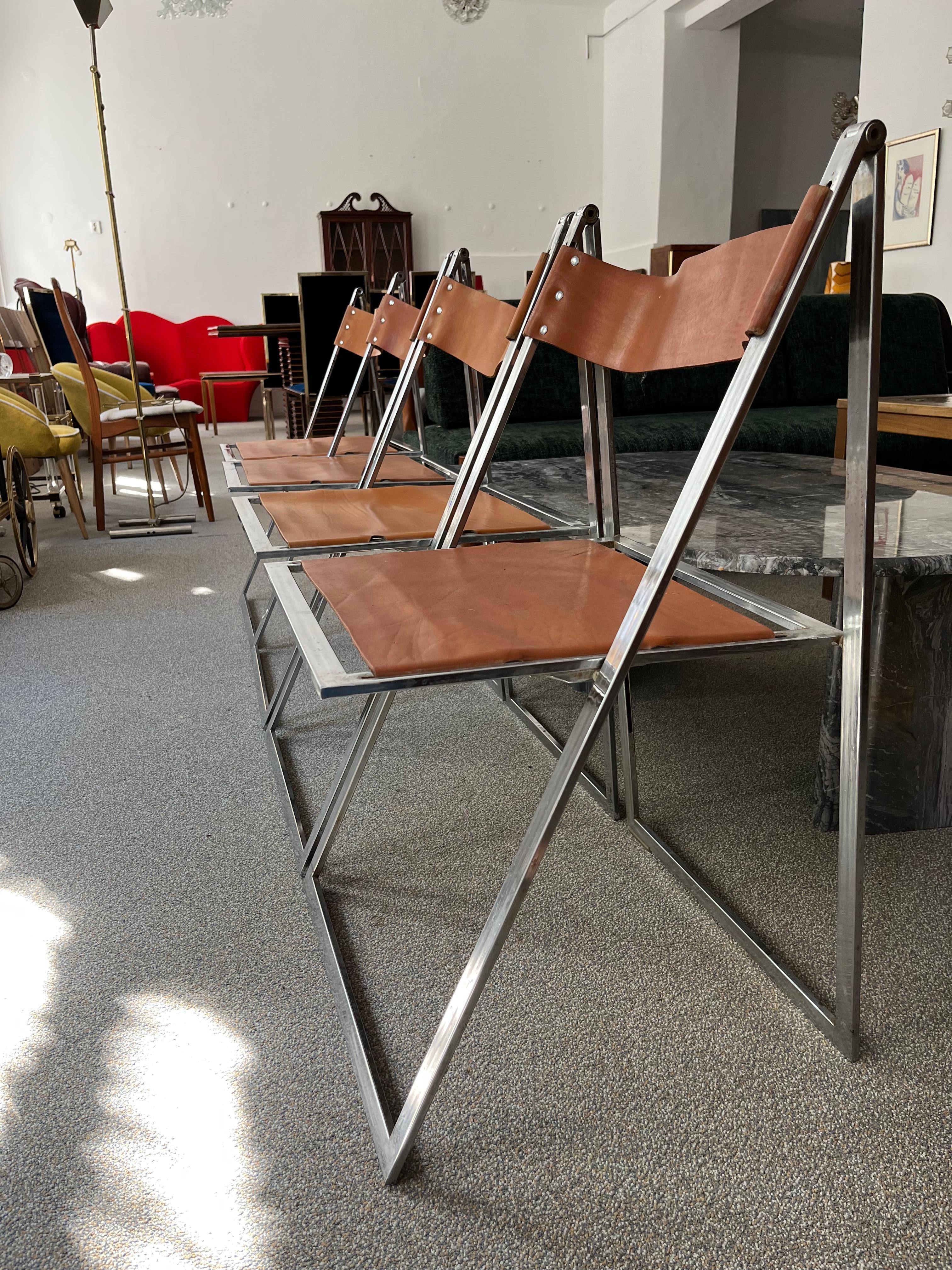 Italian Set of 4 Vintage Fontoni & Geraci ‘Elios‘ Foldable Leather Chairs, Italy, 1960s
