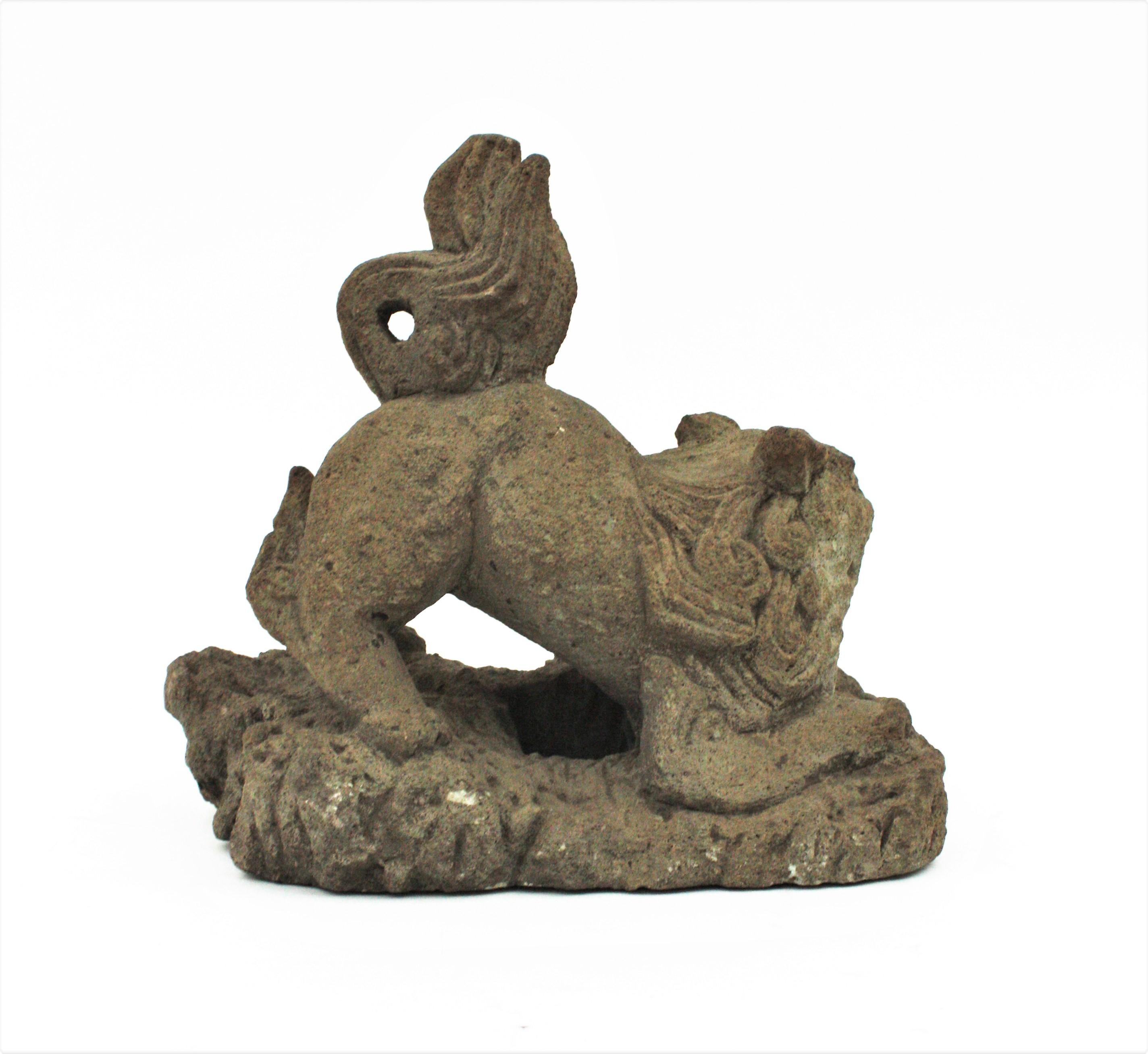 Foo Dog Guardian Lion Inspired Spanish Garden Sculpture in Carved Stone For Sale 5