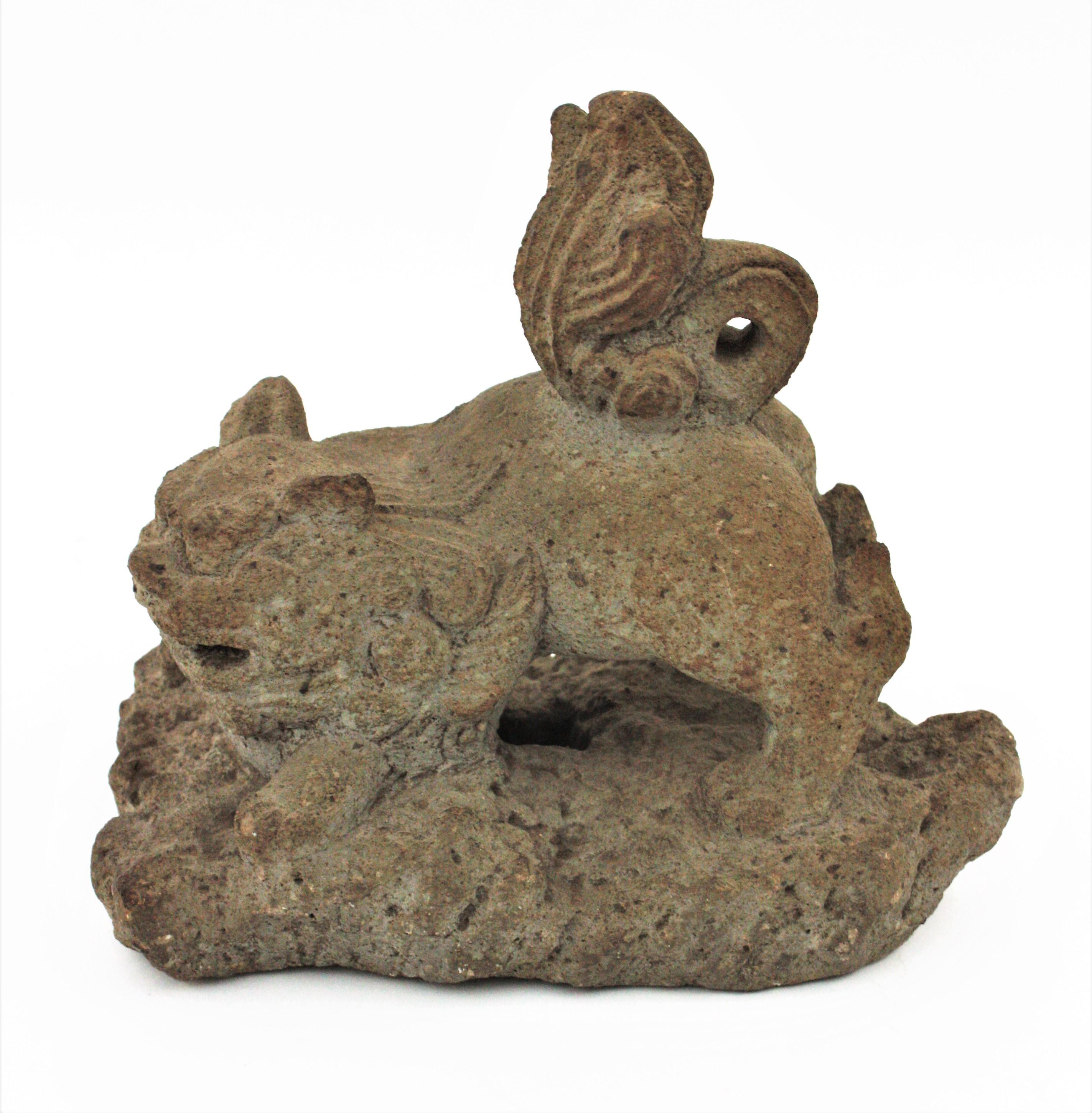 Foo Dog Guardian Lion Inspired Spanish Garden Sculpture in Carved Stone For Sale 6
