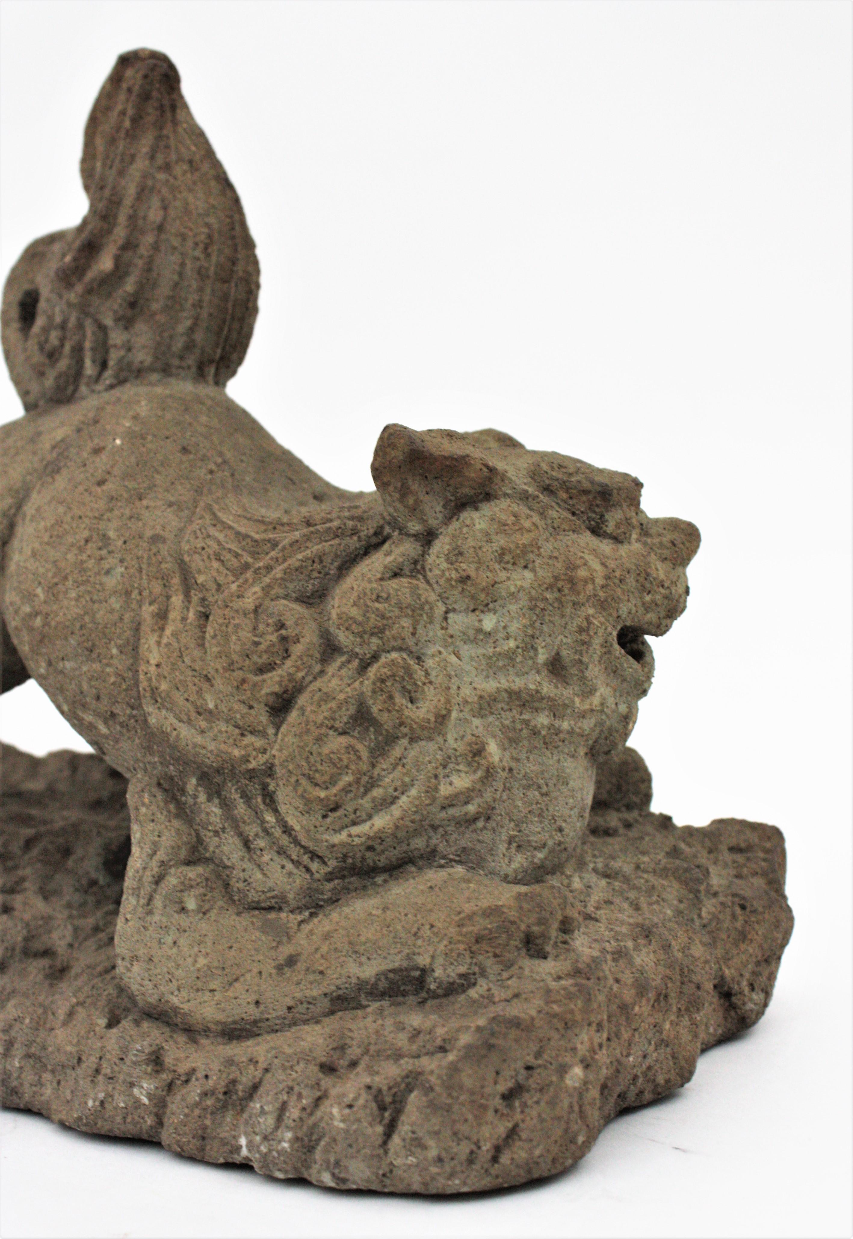 Foo Dog Guardian Lion Inspired Spanish Garden Sculpture in Carved Stone For Sale 7