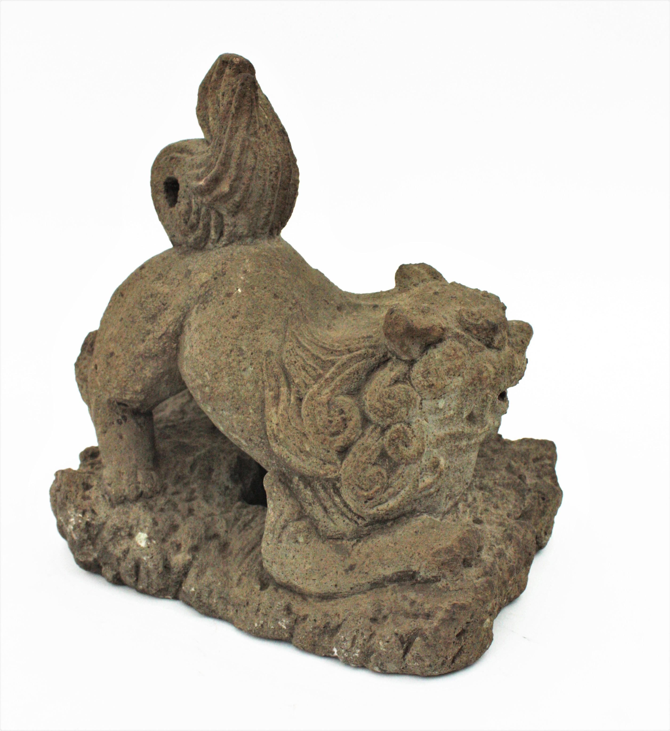 Foo Dog Guardian Lion Inspired Spanish Garden Sculpture in Carved Stone For Sale 8