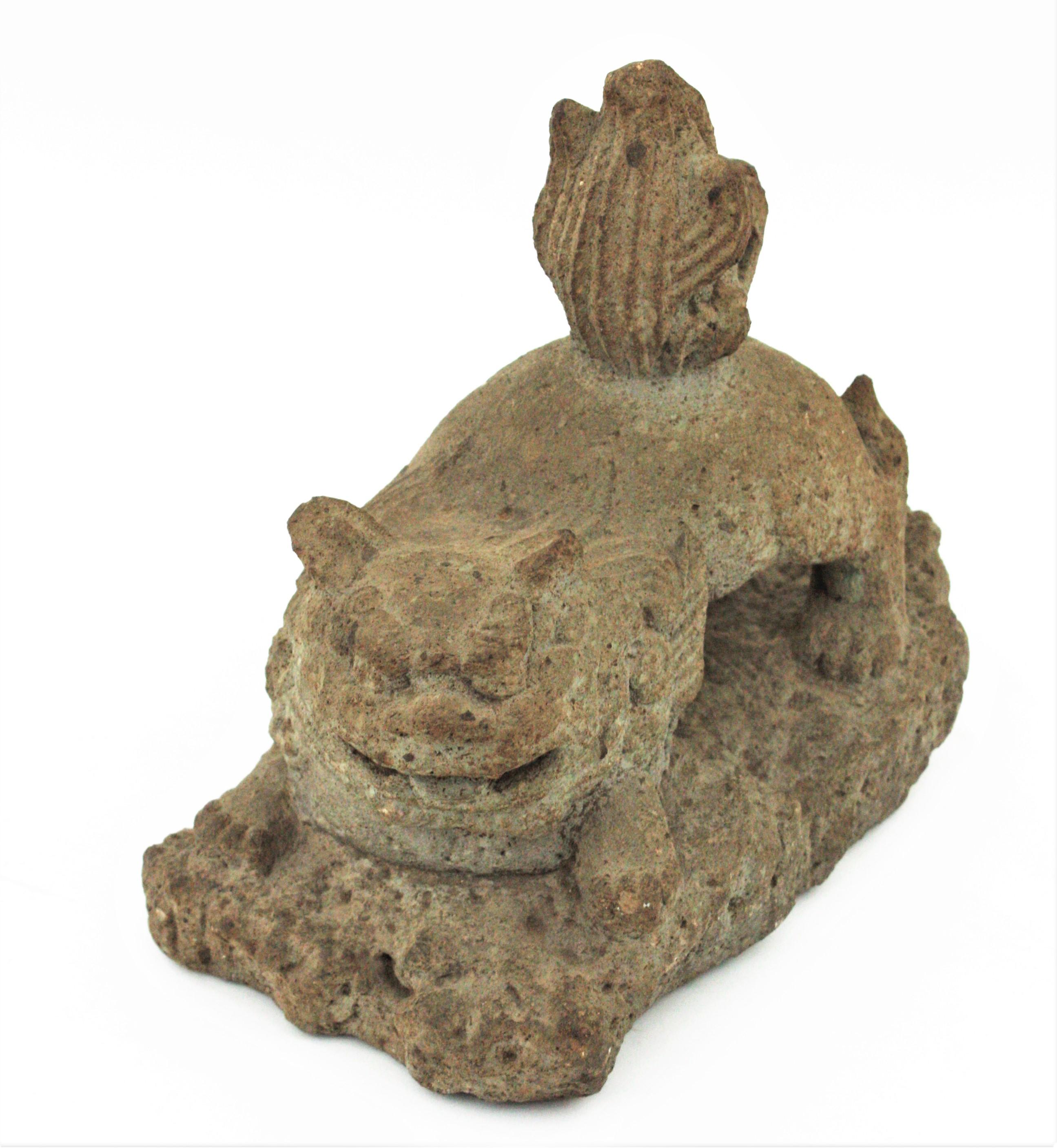 Foo Dog Guardian Lion Inspired Spanish Garden Sculpture in Carved Stone For Sale 9
