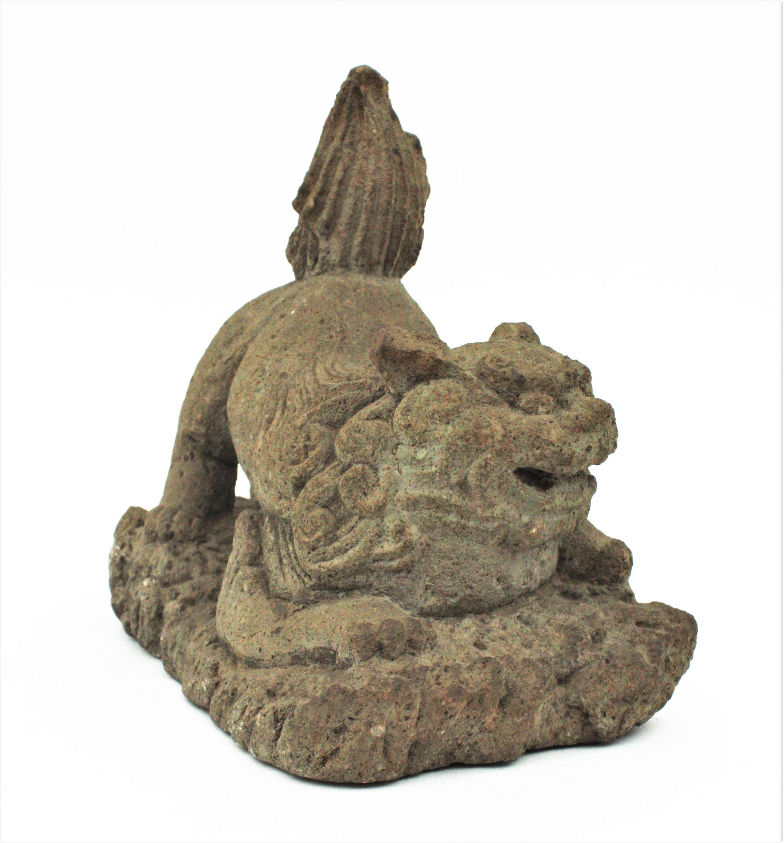 Spanish Carved Stone Garden Sculpture inspired in Guardian Lion Foo Dogs from Chinese Culture, 1950s-1960s.
Beautiful to be used outdoor as garden ornamentation or indoor exhibited as an sculpture in a console table or pedestal.
Interesting for