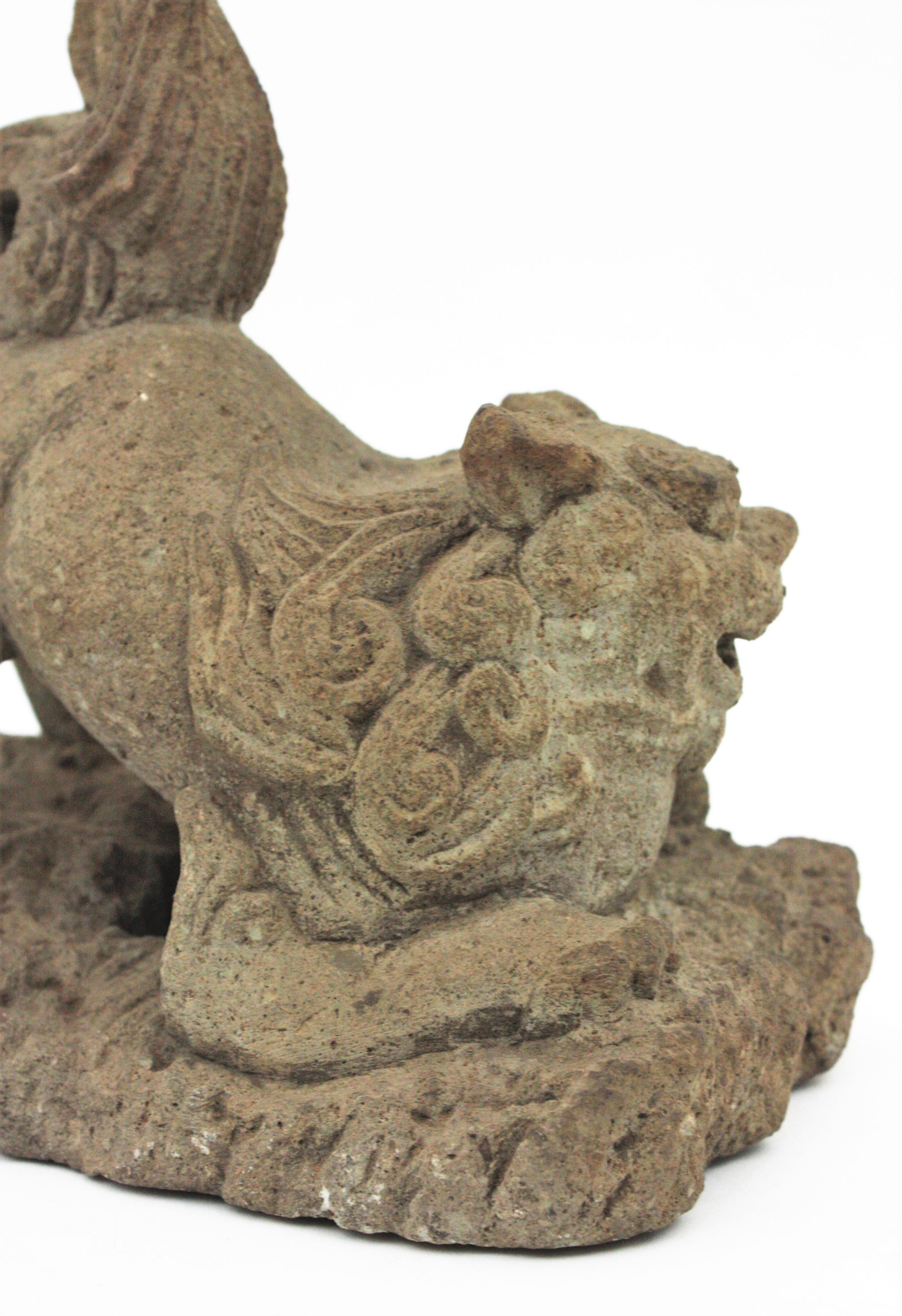 Chinoiserie Foo Dog Guardian Lion Inspired Spanish Garden Sculpture in Carved Stone For Sale