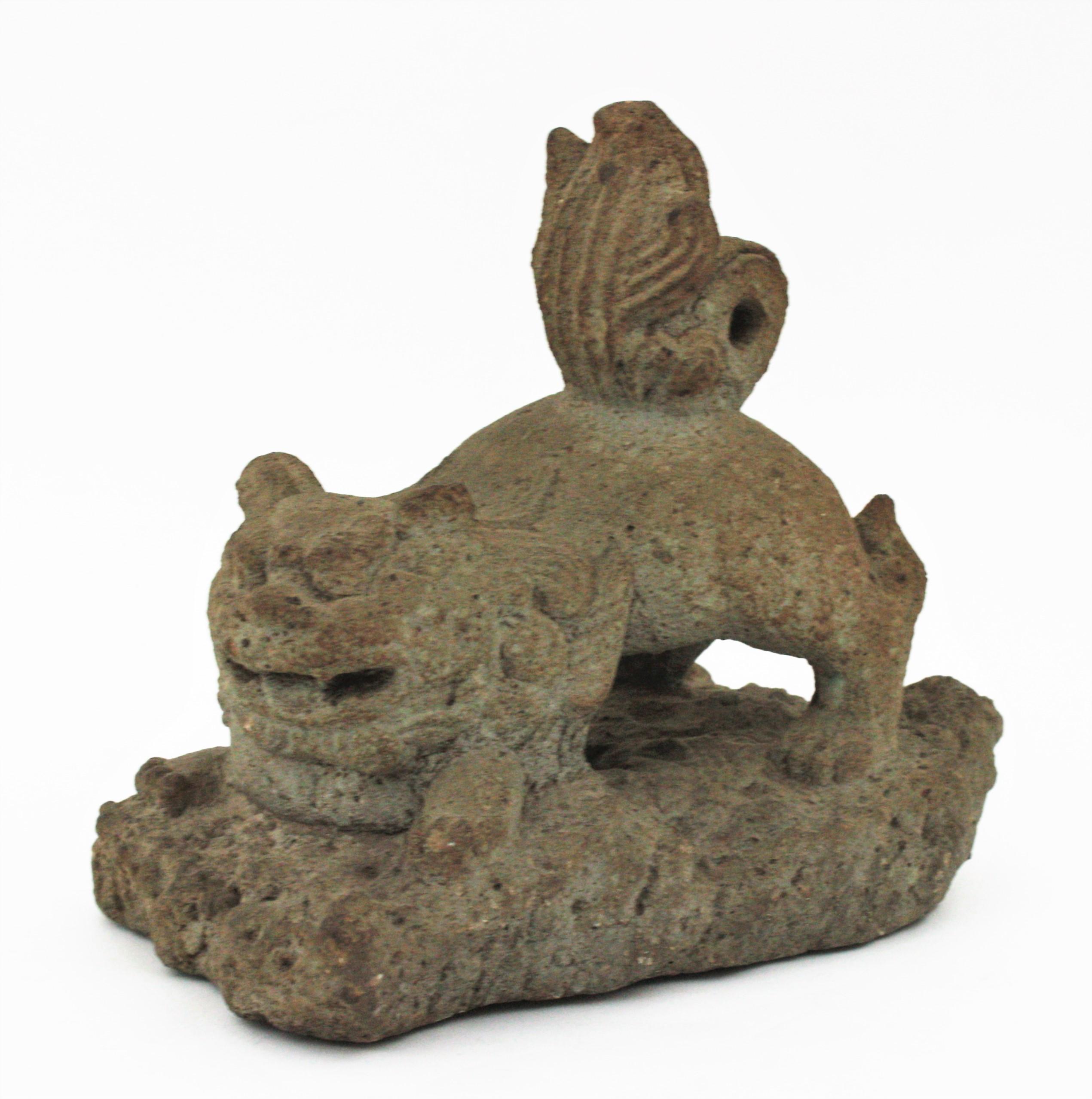 Foo Dog Guardian Lion Inspired Spanish Garden Sculpture in Carved Stone In Good Condition For Sale In Barcelona, ES