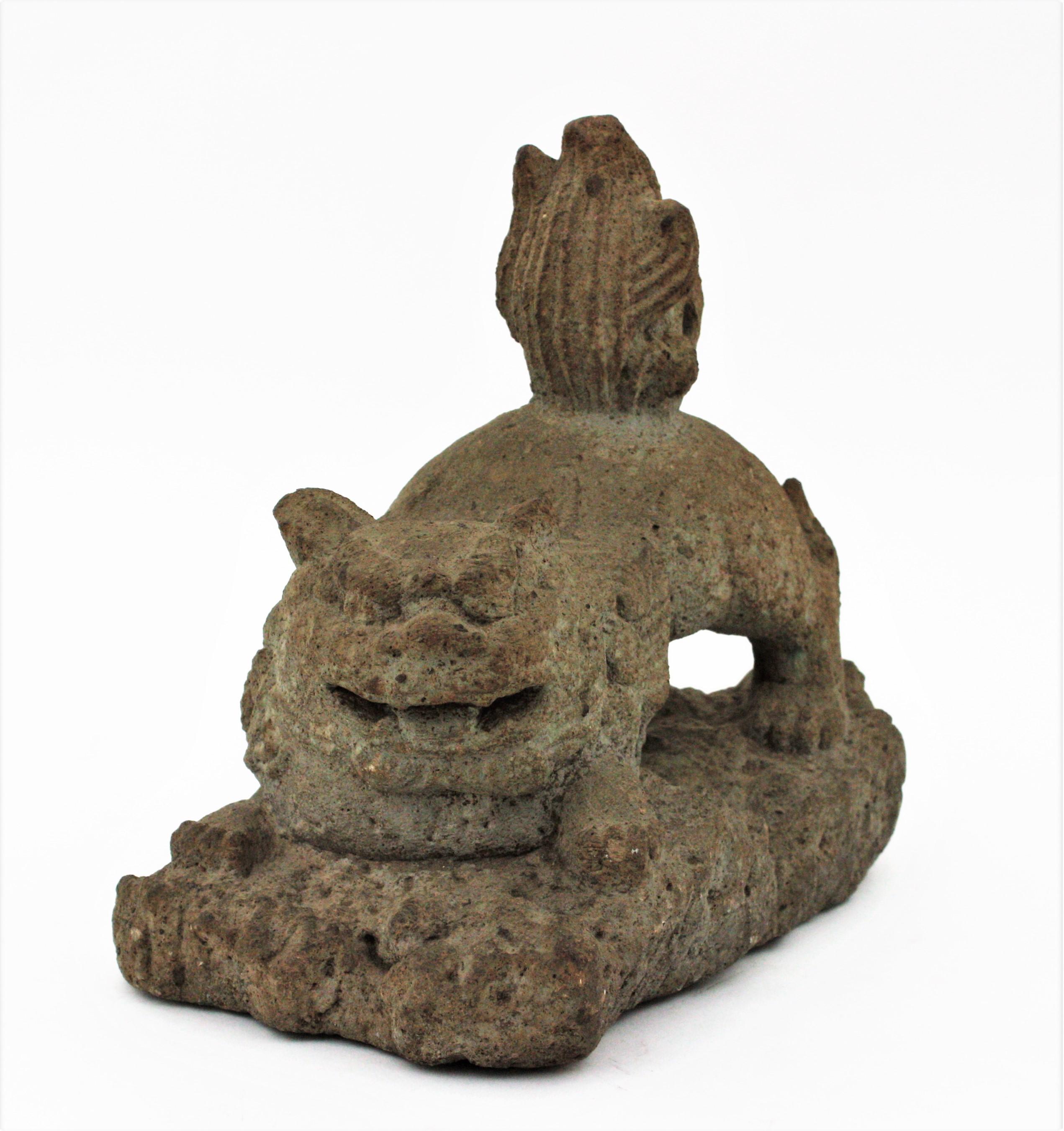 20th Century Foo Dog Guardian Lion Inspired Spanish Garden Sculpture in Carved Stone For Sale