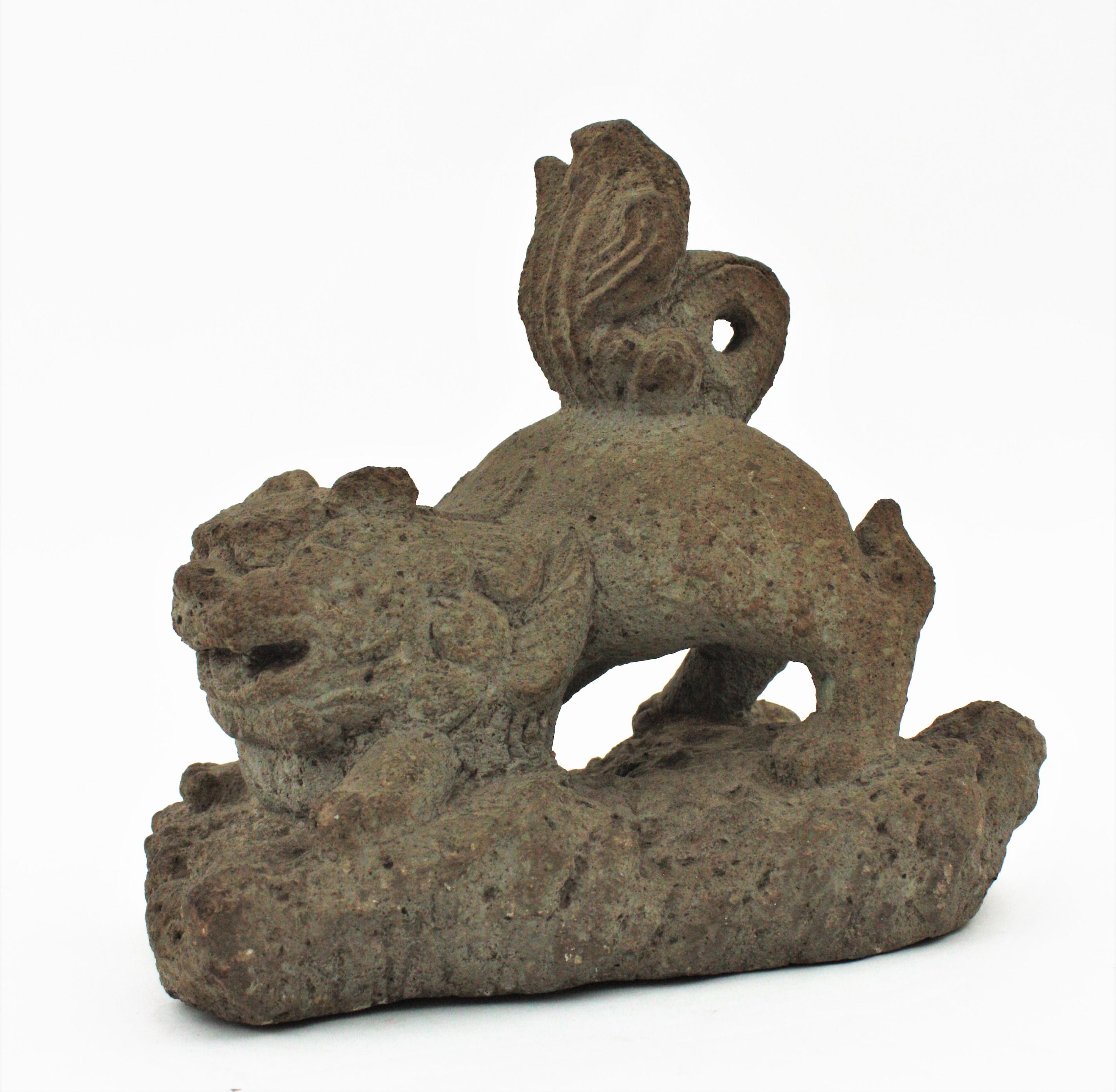 Foo Dog Guardian Lion Inspired Spanish Garden Sculpture in Carved Stone For Sale 3
