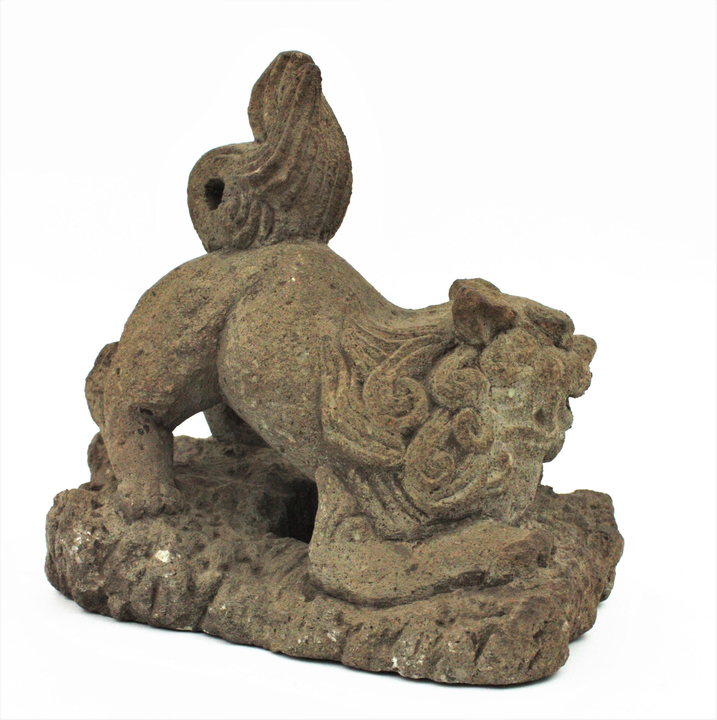 Foo Dog Guardian Lion Inspired Spanish Garden Sculpture in Carved Stone For Sale 4