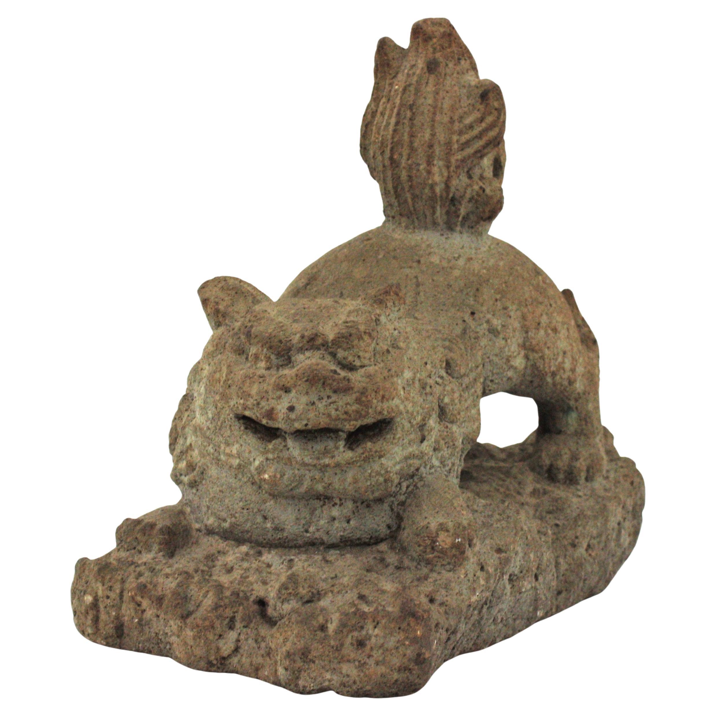 Foo Dog Guardian Lion Inspired Spanish Garden Sculpture in Carved Stone For Sale