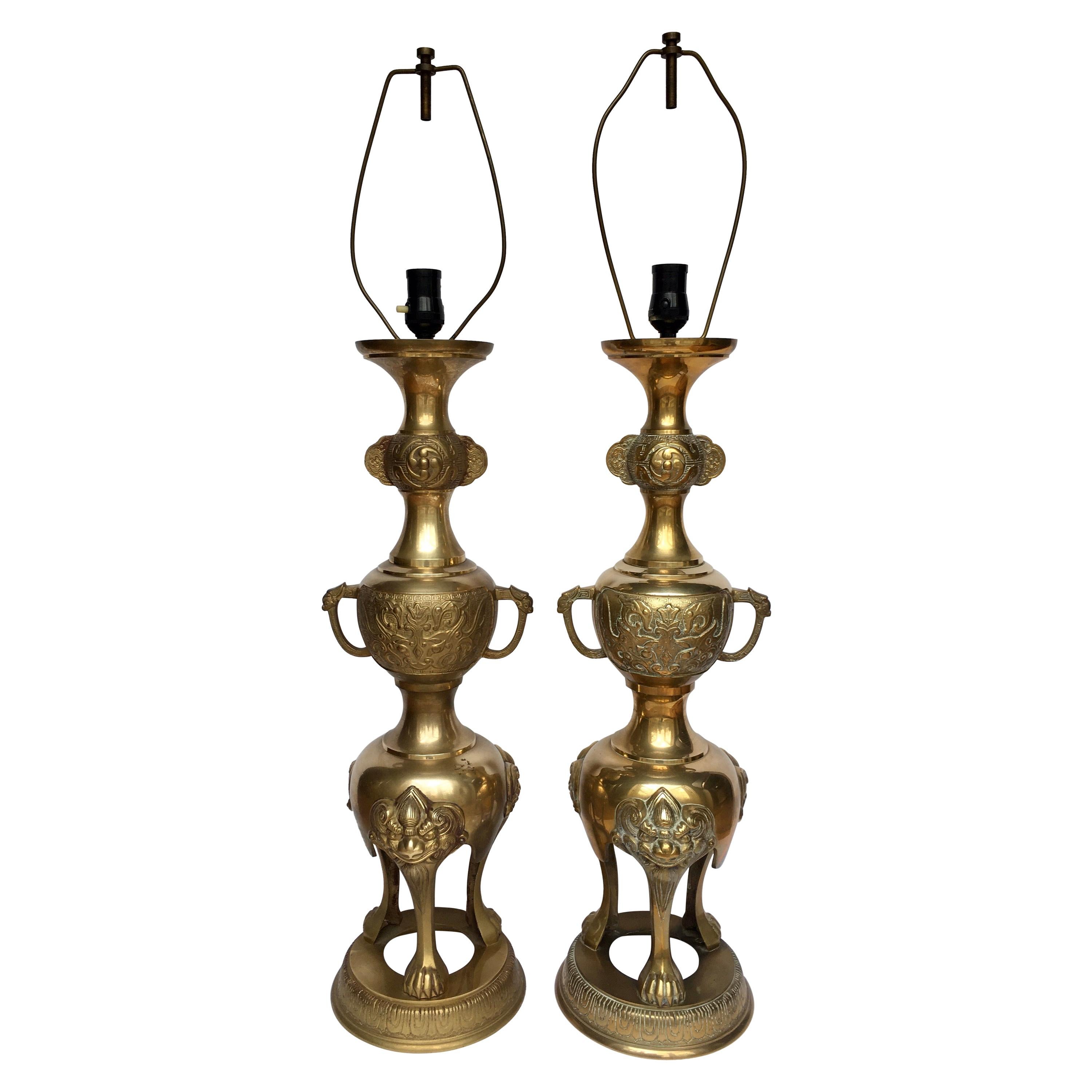 Foo Dog Hollywood Regency Chinoiserie Brass Lamps, James Mont Style, Pair