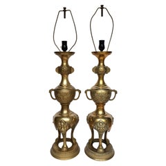 Foo Dog Hollywood Regency Chinoiserie Brass Lamps, James Mont Style, Pair