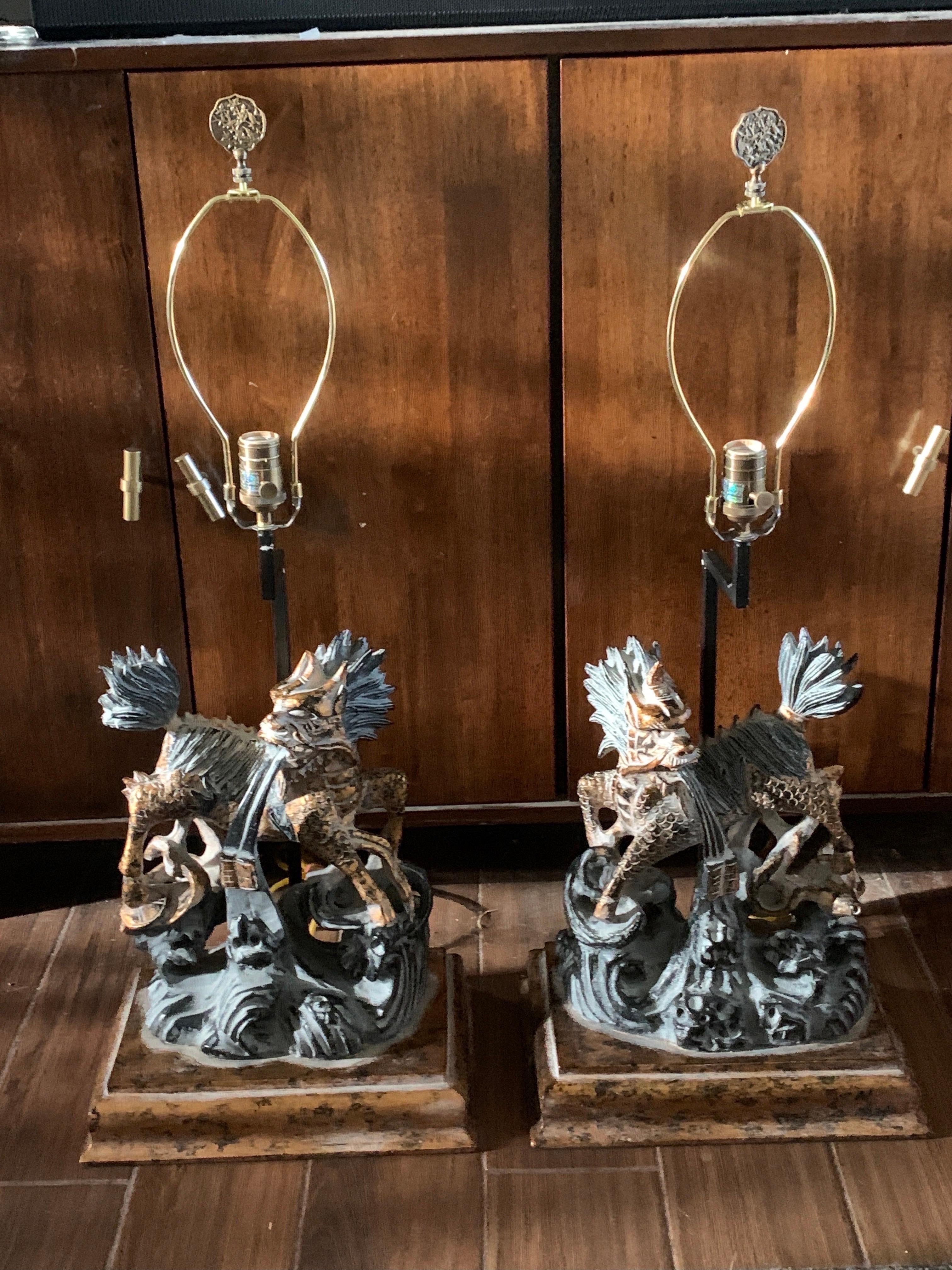 Foo Dog Pair of Lamps Black, Grey and Gold Large Living Room Table Lamps 8