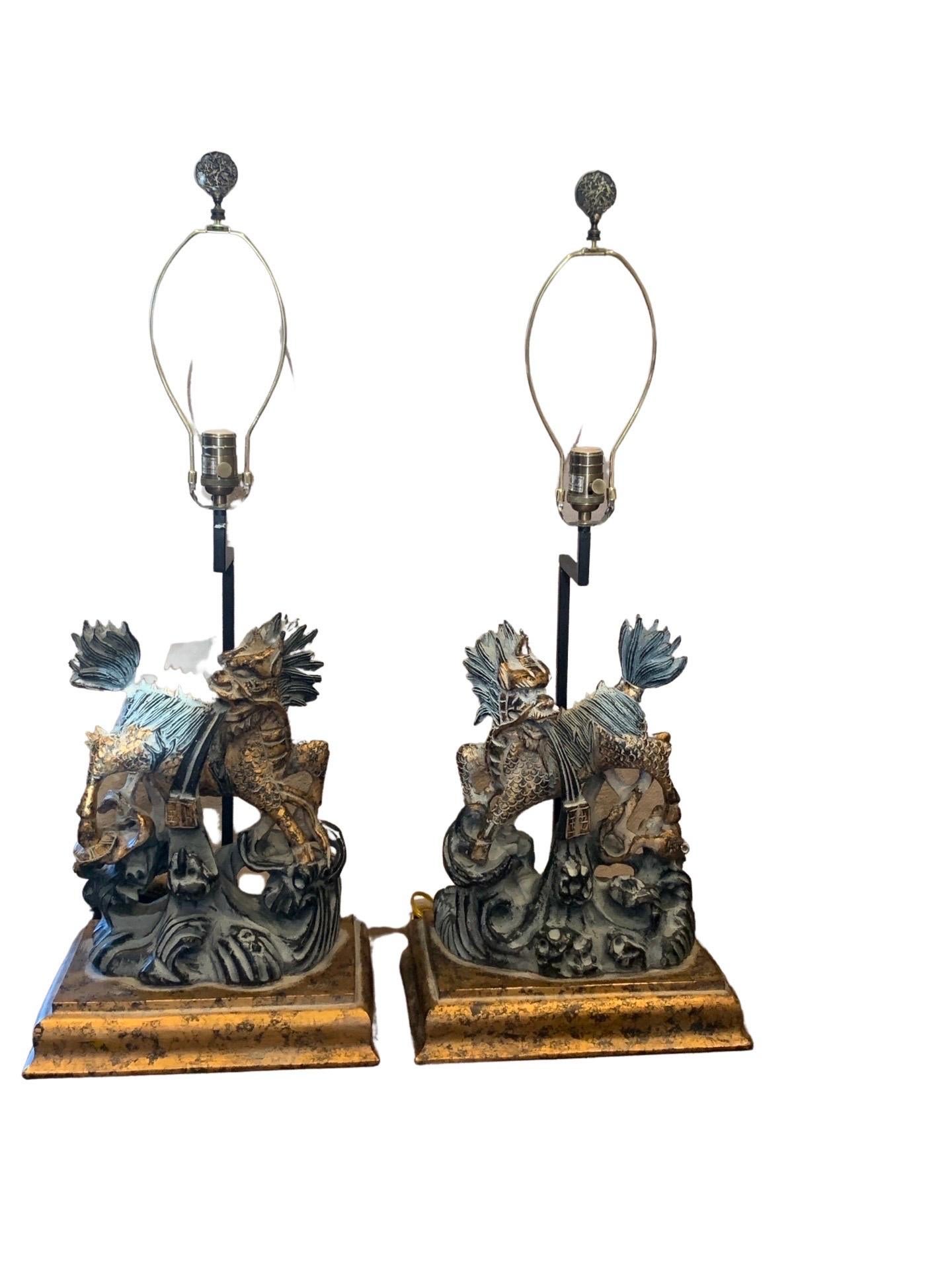 Chinoiserie Foo Dog Pair of Lamps Black, Grey and Gold Large Living Room Table Lamps