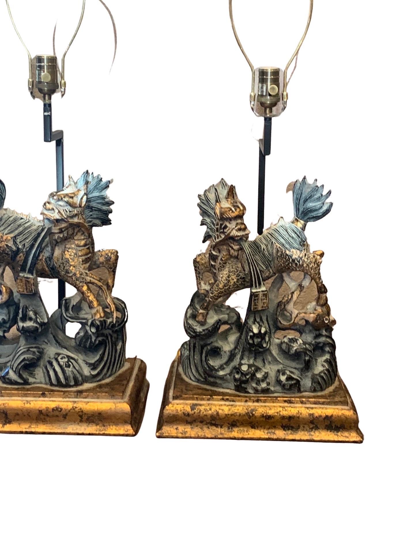 Hand-Painted Foo Dog Pair of Lamps Black, Grey and Gold Large Living Room Table Lamps
