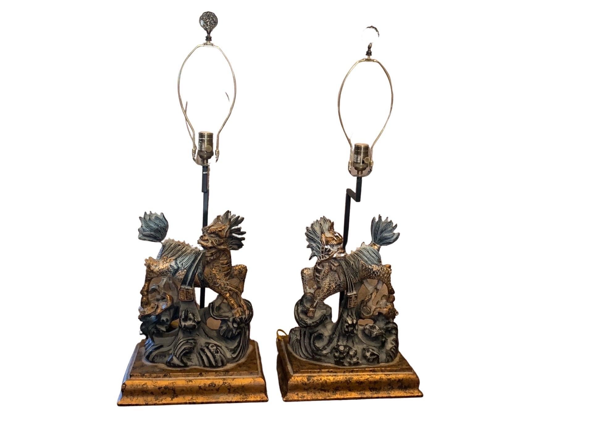 Foo Dog Pair of Lamps Black, Grey and Gold Large Living Room Table Lamps In Good Condition In Palm Springs, CA