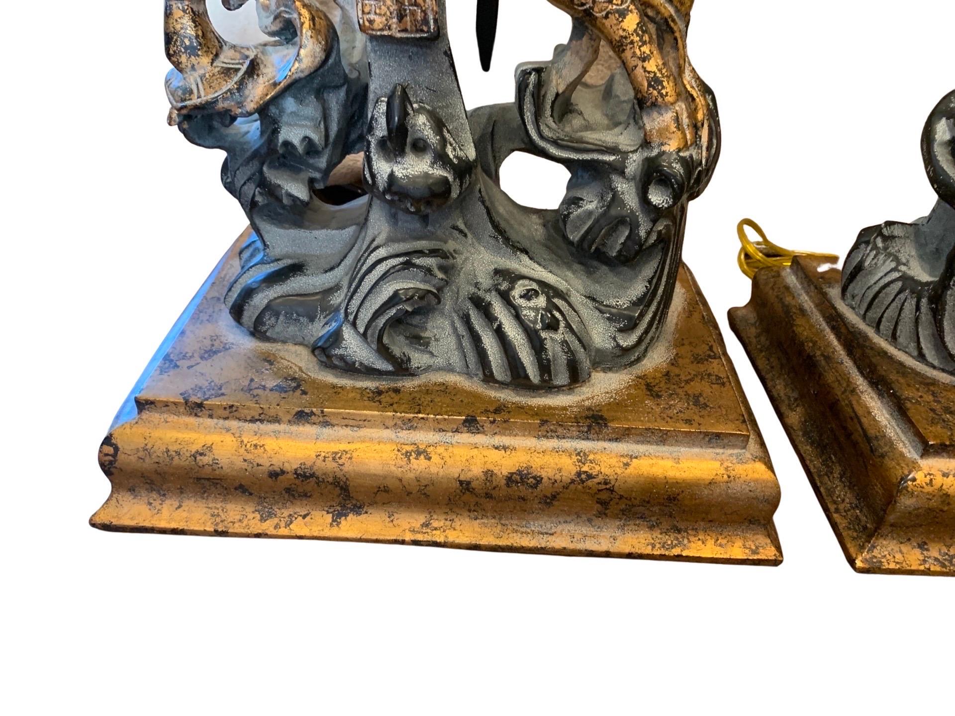 Foo Dog Pair of Lamps Black, Grey and Gold Large Living Room Table Lamps 1