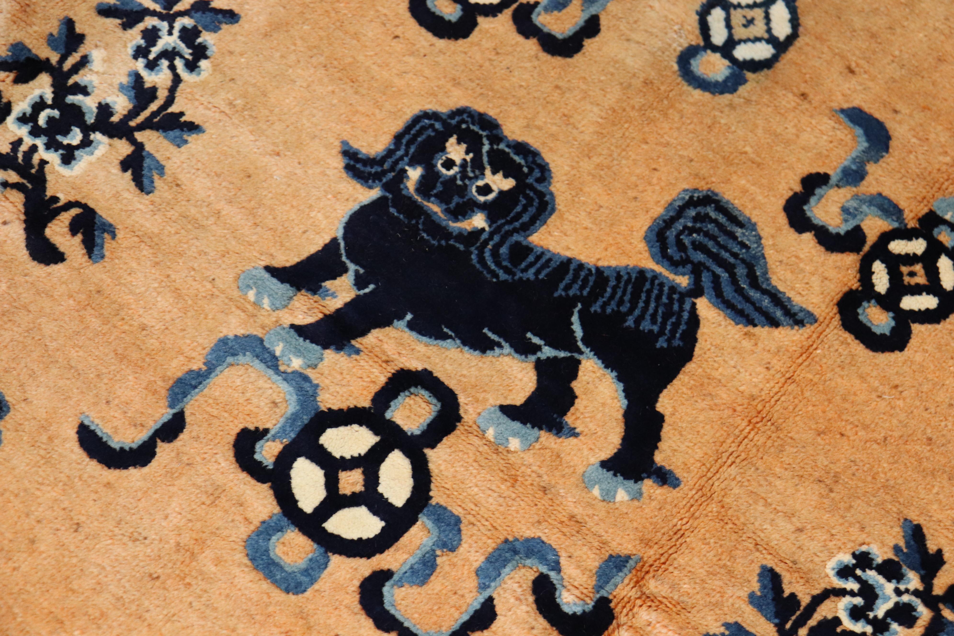 Folk Art Foo Dog Pictorial Chinese 20th Century Wool Rug For Sale