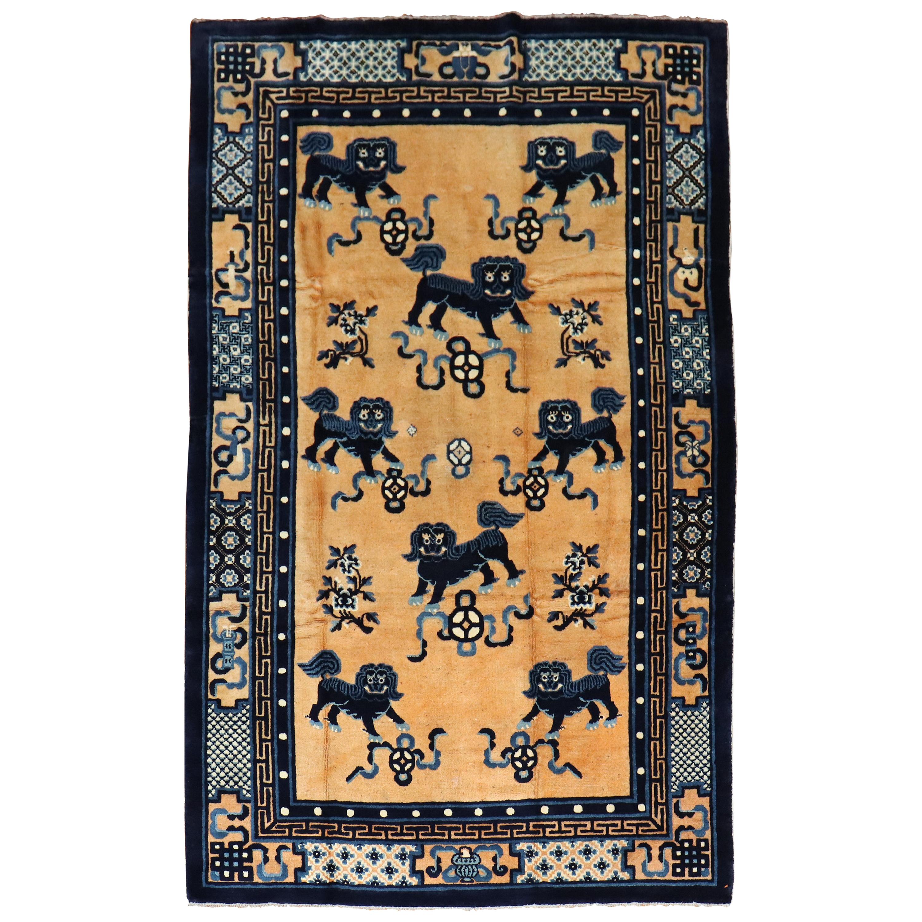 Foo Dog Pictorial Chinese 20th Century Wool Rug For Sale